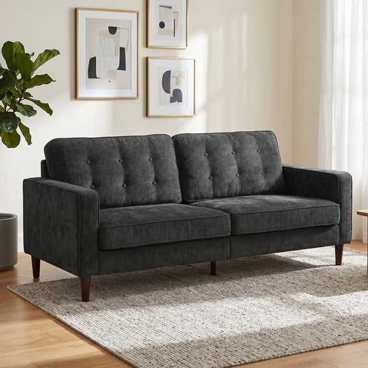 Button-Tufted 3-Seater Sofa with Wood Legs