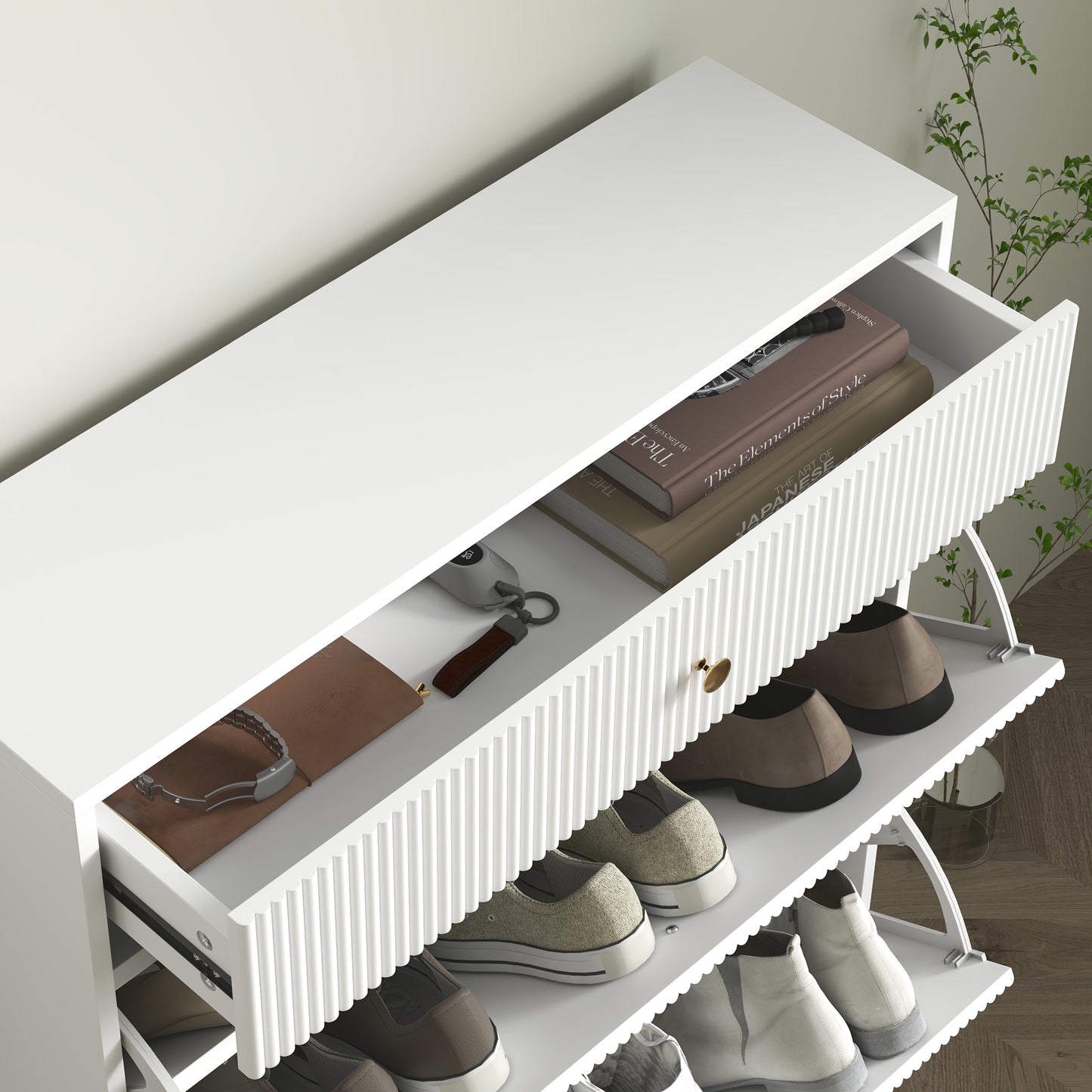 Narrow Shoe Storage Cabinet with Wave-like Panels and Adjustable Shelves for 12 Pairs of Shoes, White