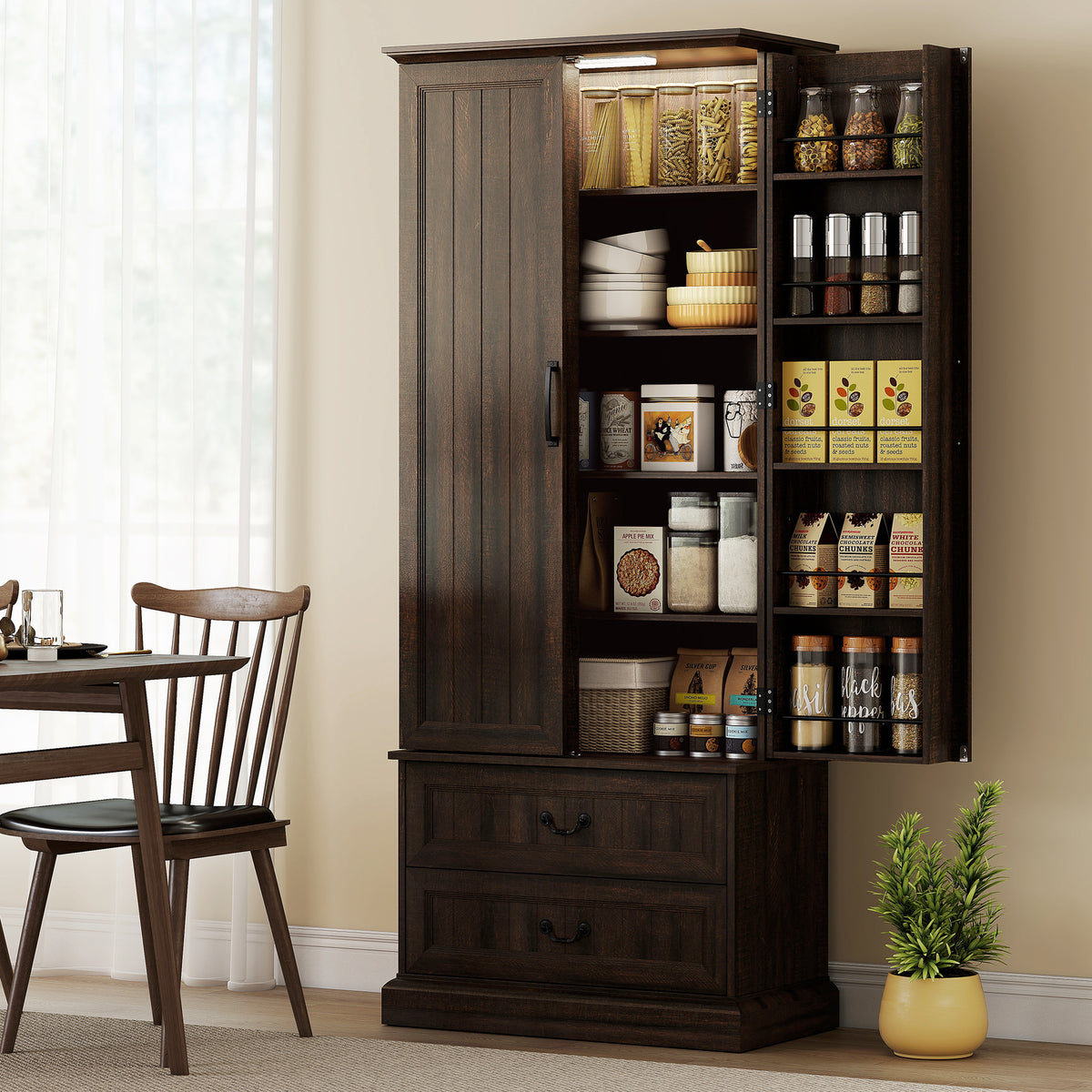LED Kitchen Pantry Cabinet with 10 Door Shelves and 2 Drawers – 30"W x 72"H
