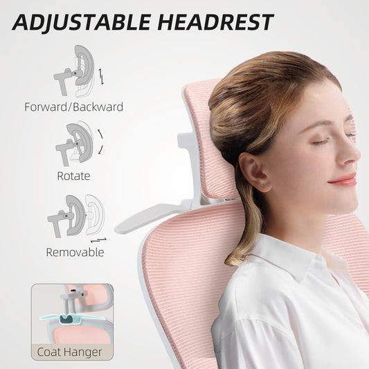 Mesh Office Chair, Ergonomic Desk Chair with Flip-up Armrest, Rotatable Headrest, Pink