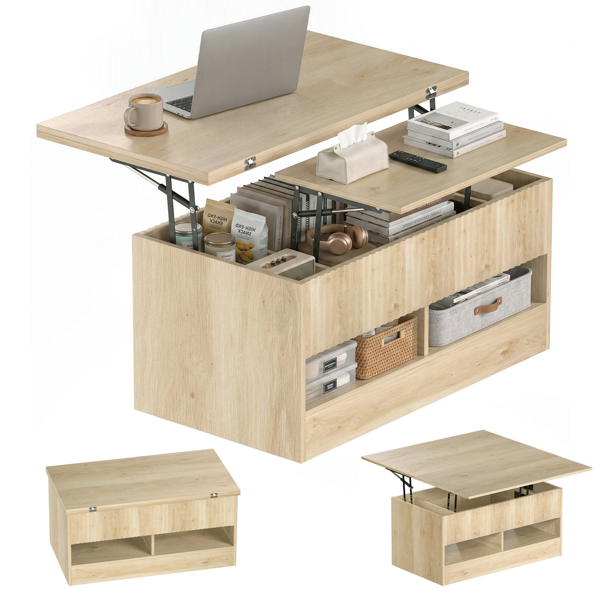 Lift-Top Coffee Table with Dual-Zone Expandable Top and Hidden Storage, Oak