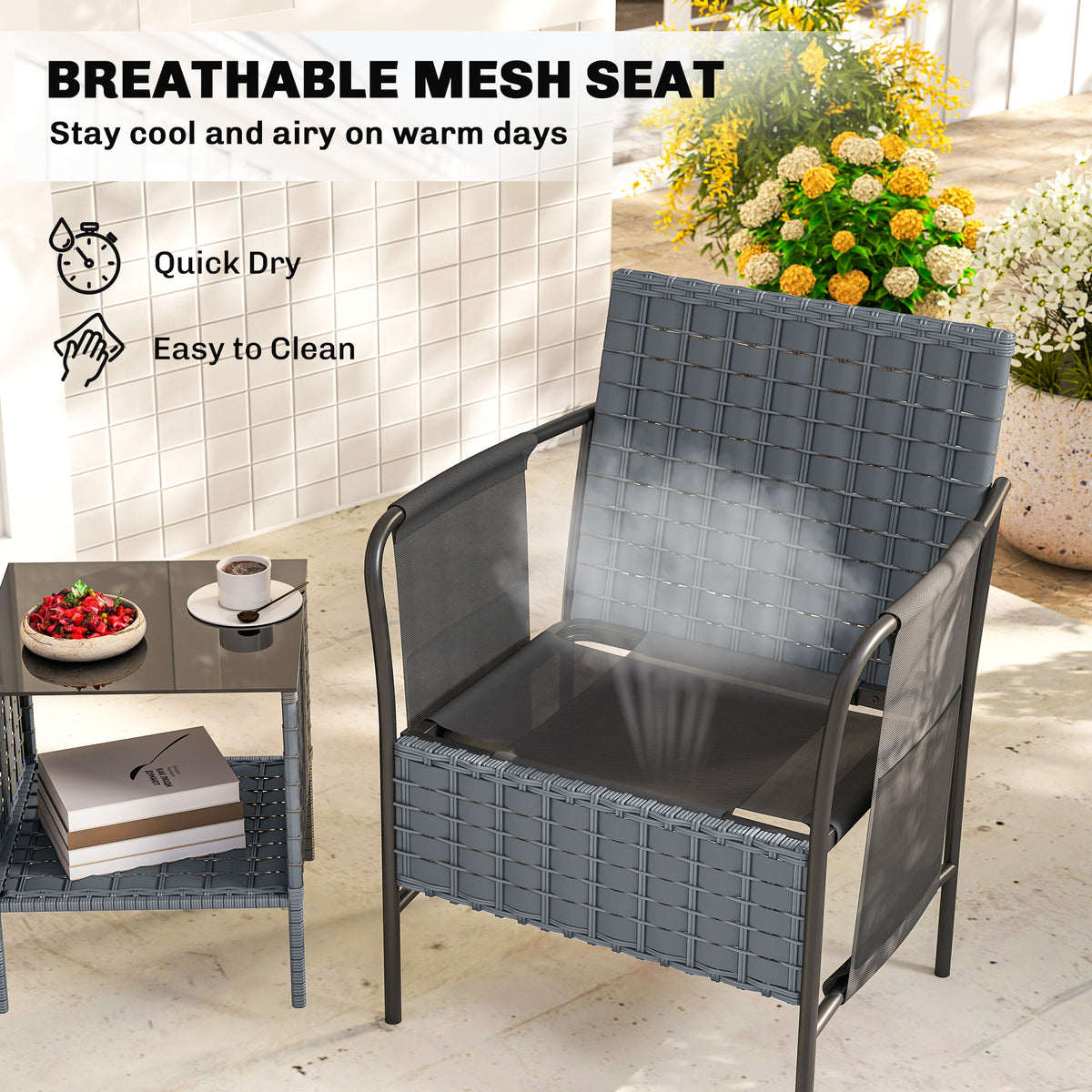 3 Piece Wicker Patio Furniture Set, Outdoor Bistro Set, Side Pockets, Mesh Seat, 2 Tier Glass Table, Cushions – Black