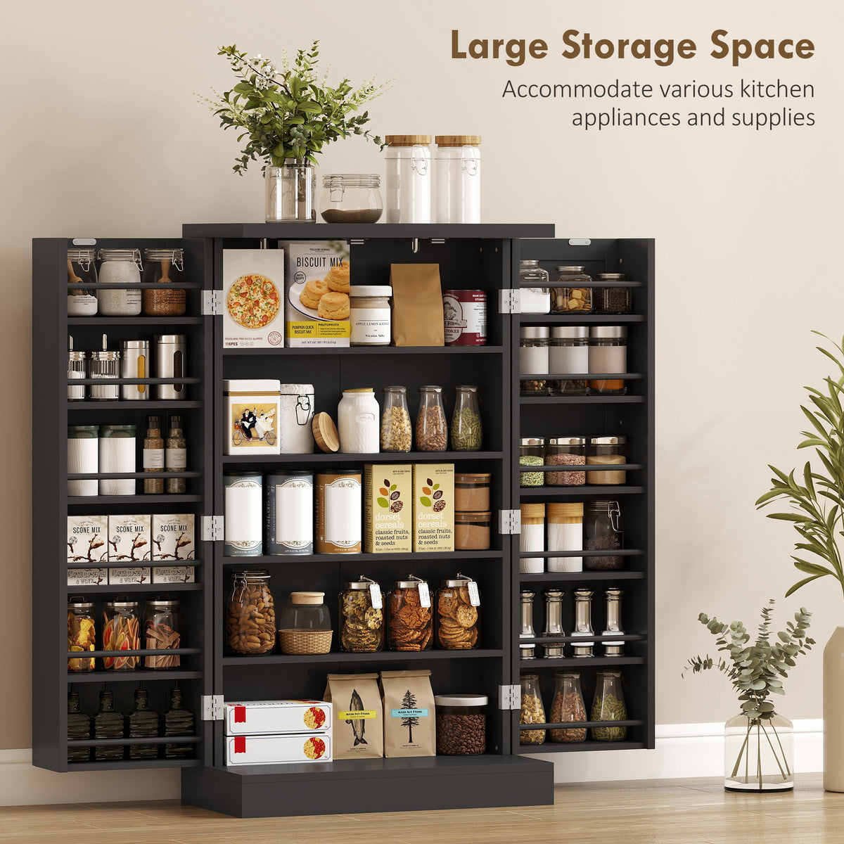 Kitchen Pantry Cabinet with 5-Tier Shelving and 12 Spice Racks – 24"W x 41"H
