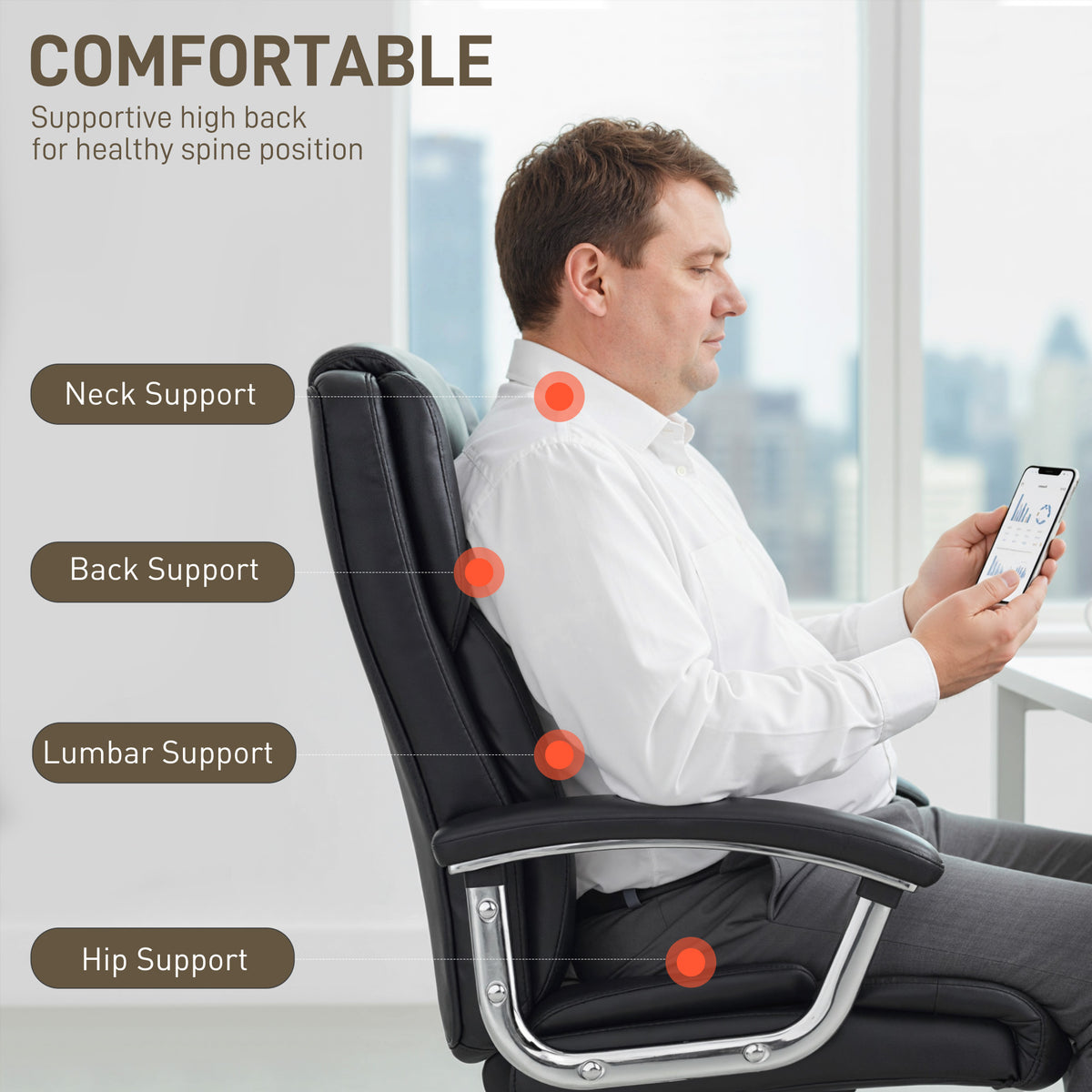 Big and Tall Office Chair 400 lbs, Desk Chair with Spring Cushion, PU Leather, Black