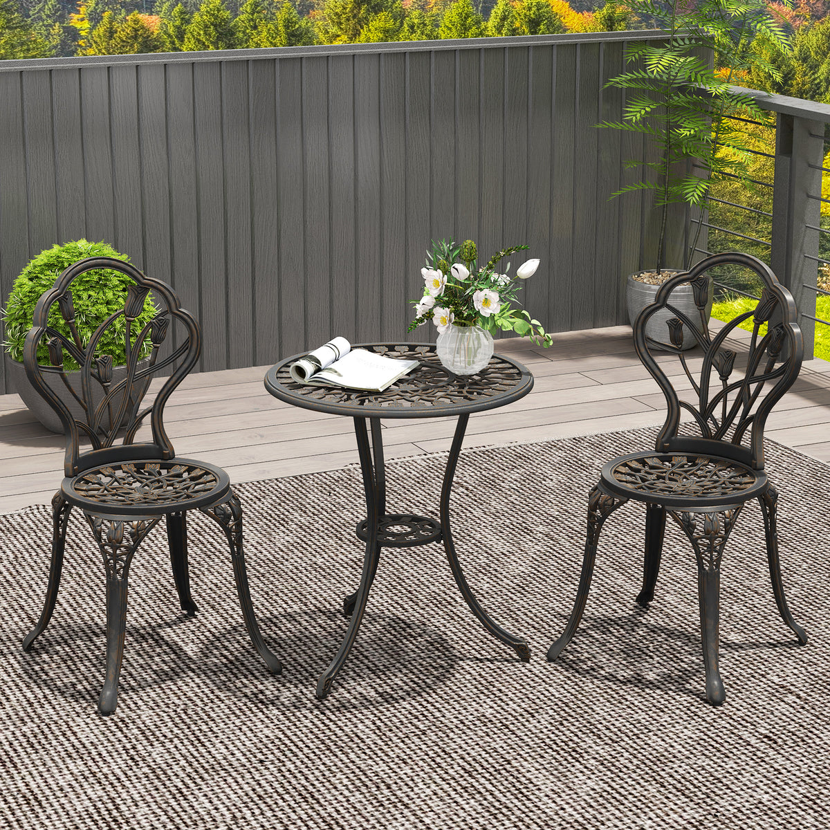 3PCs Patio Bistro Set, Outdoor Cast Aluminum Garden Table and Chairs with Umbrella Hole for Balcony, Bronze – Bronze