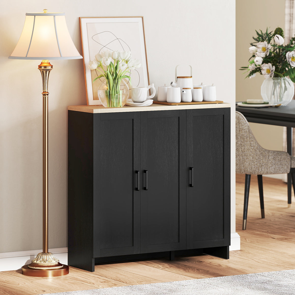 Modern Kitchen Storage Cabinet with 3 Doors Adjustable Shelves – 35"W x 35"H