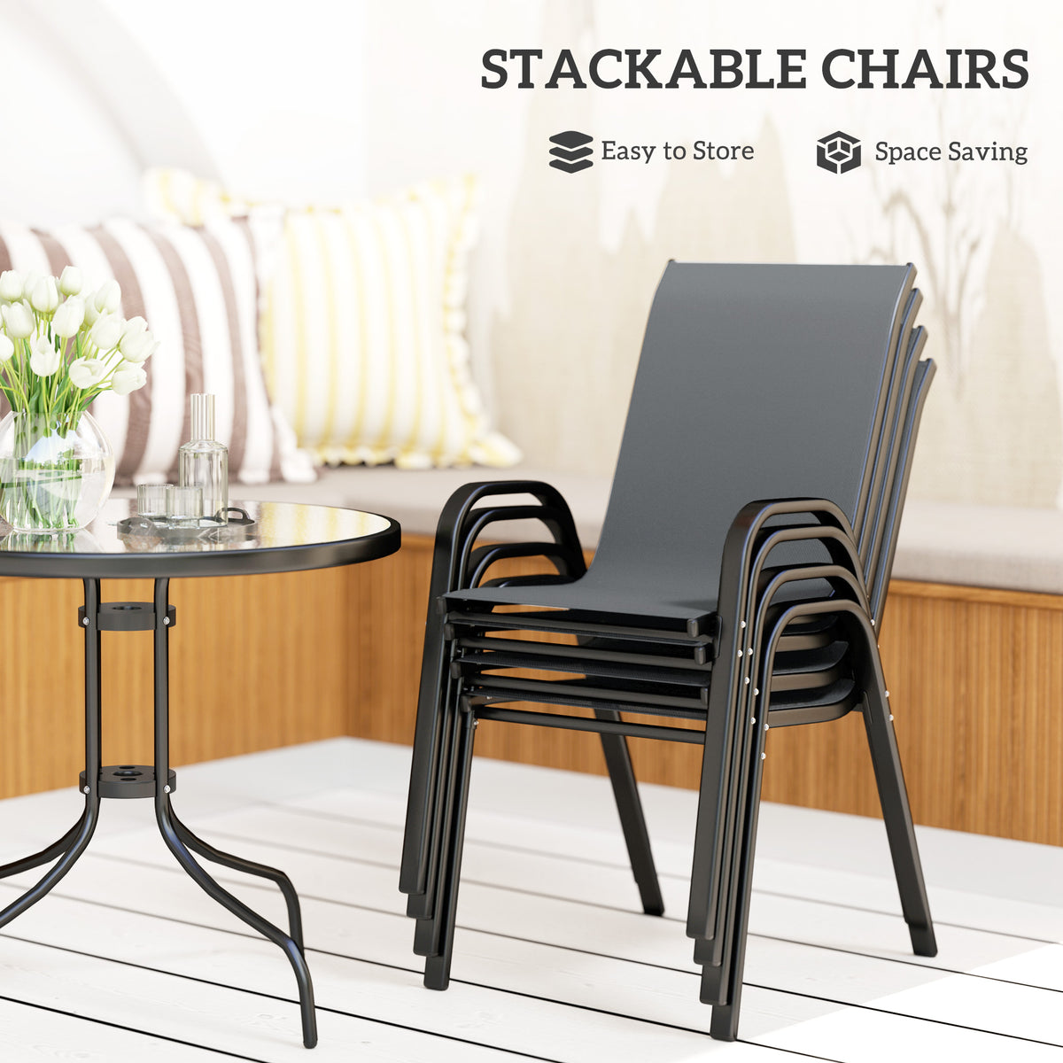 Five-Piece Steel Patio Set, with Glass-Top Table - – Dark Grey