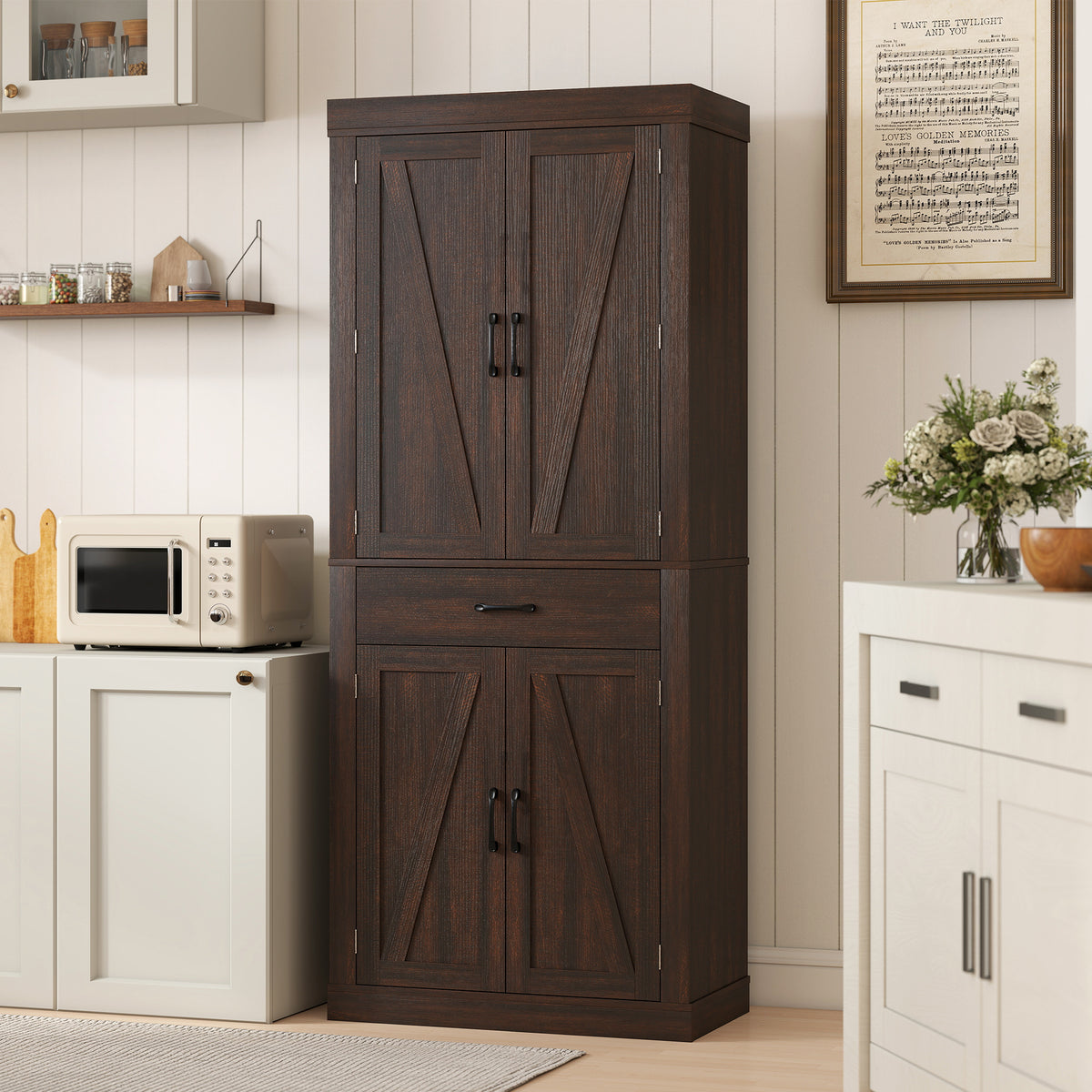 Farmhouse Kitchen Storage Cabinet with 4 Barn Doors – 30"W x 72"H