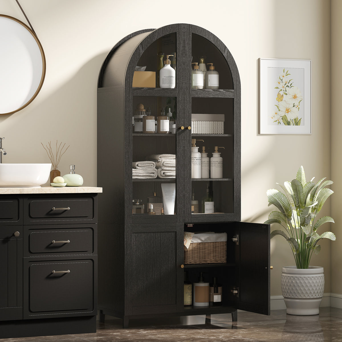 Farmhouse Kitchen Storage Cabinet with Acrylic Glass Doors – 31"W x 71"H