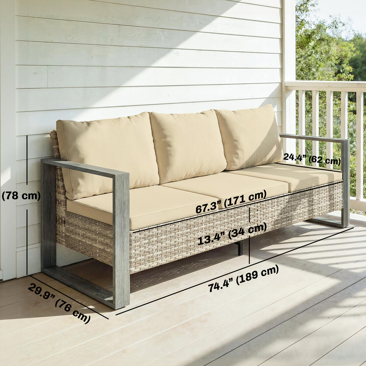 3-Seater Outdoor Couch, PE Wicker Patio Sofa with Deep Seat, Wood-Effect Aluminum Armrests, Cushions