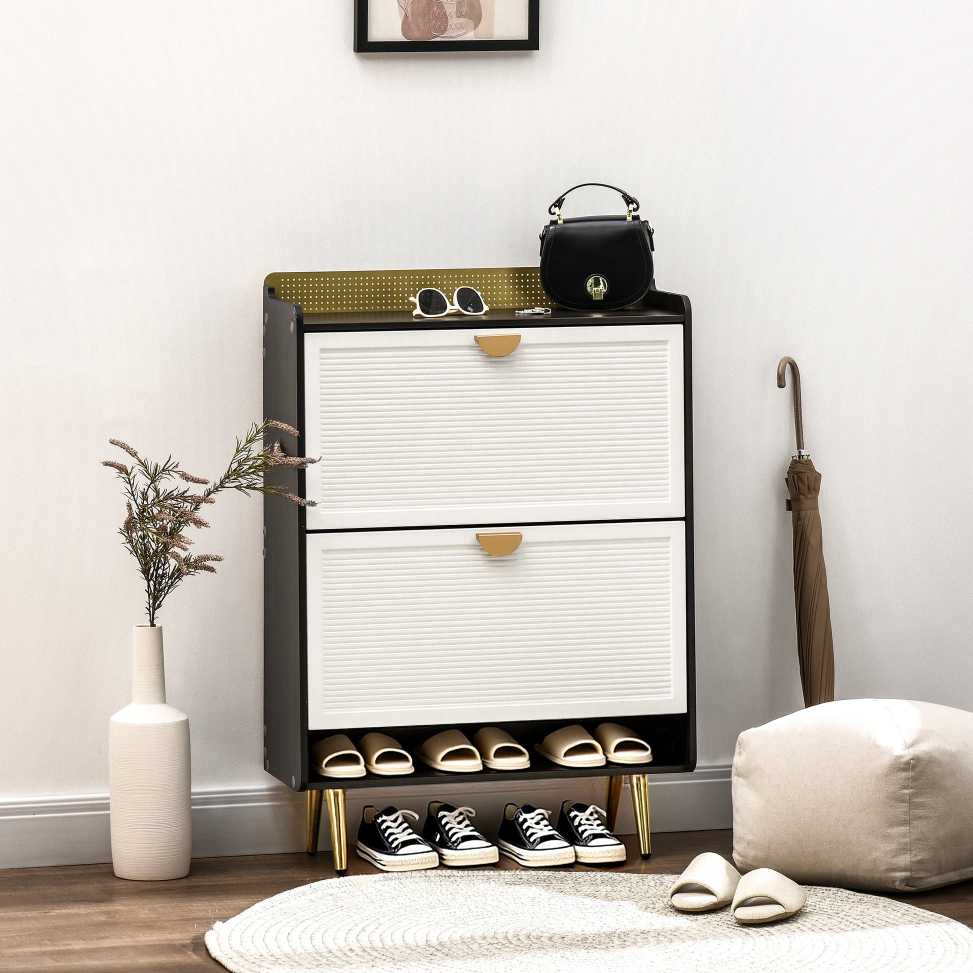 HOMCOM Walnut Shoe Storage Organizer with Double Doors and Open Shelves