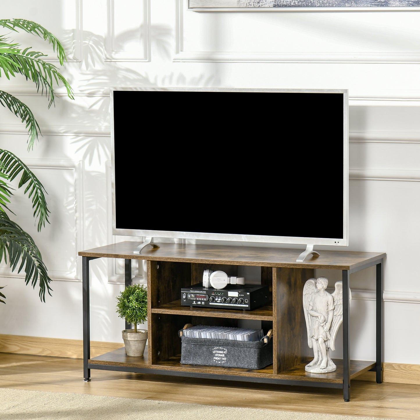 HOMCOM Rustic Industrial TV Stand, 55-inch TV Console, Adjustable Open Storage