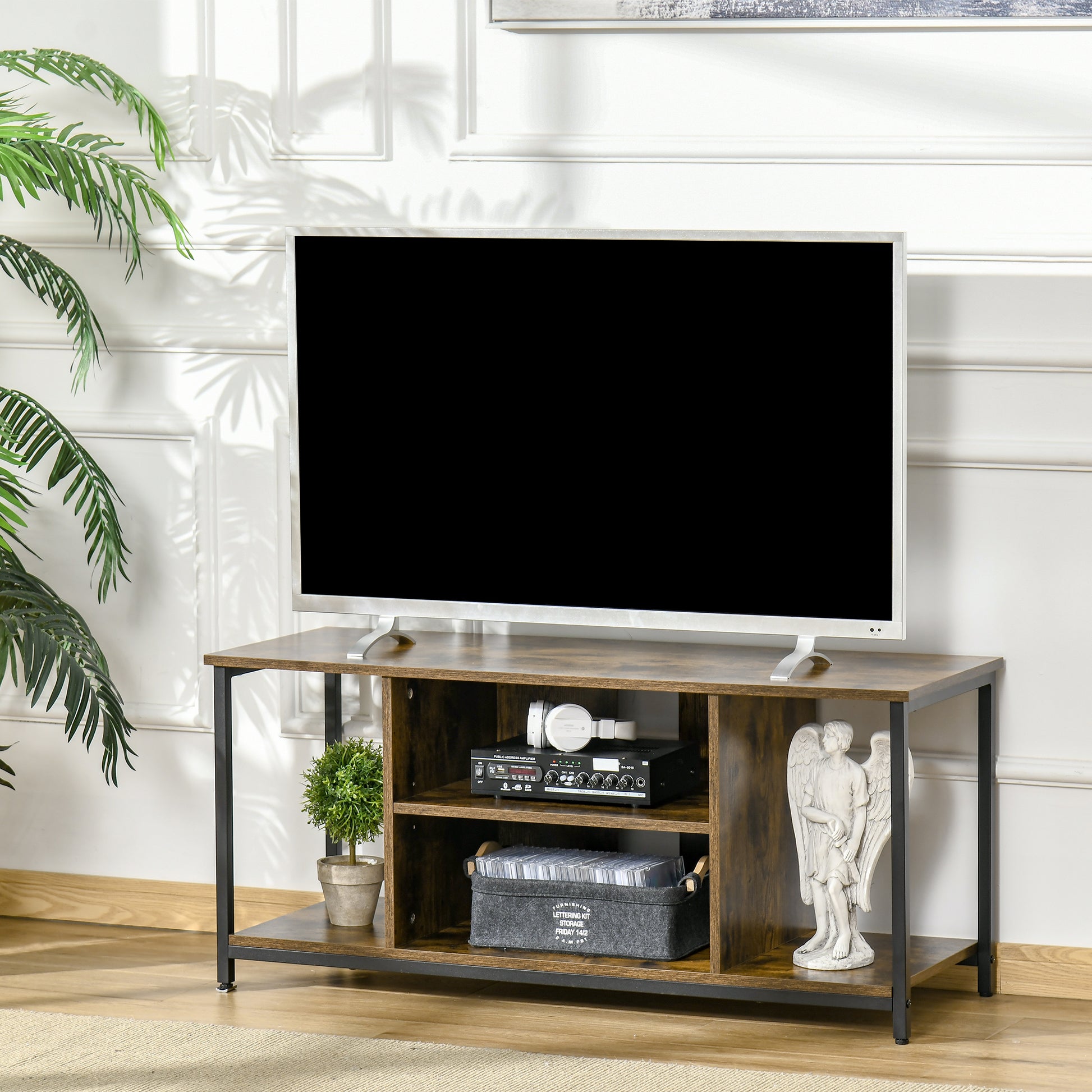 HOMCOM Rustic Industrial TV Stand, 55-inch TV Console, Adjustable Open Storage