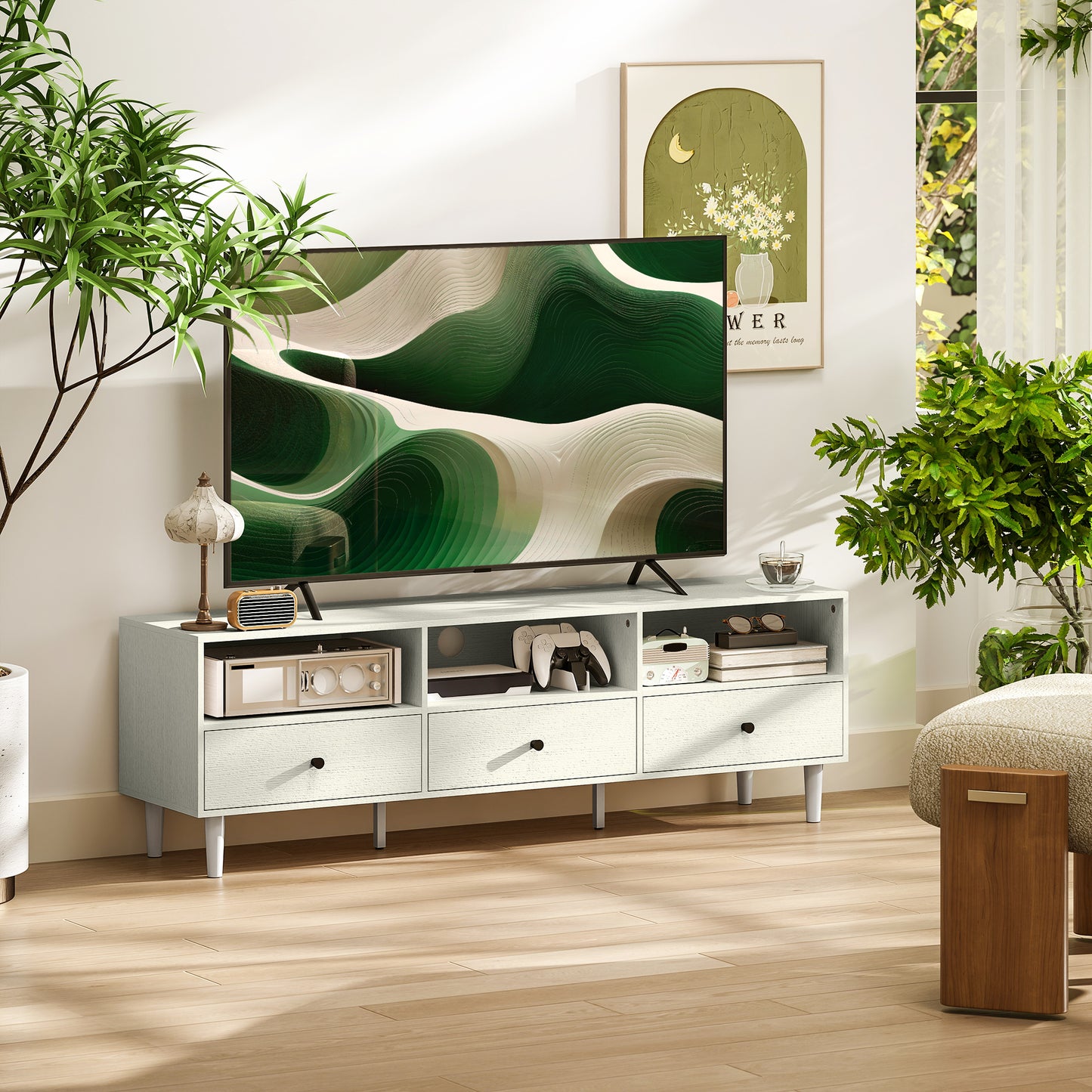 HOMCOM White Modern TV Stand for 75 Inch TVs, 3 Shelves, 3 Drawers