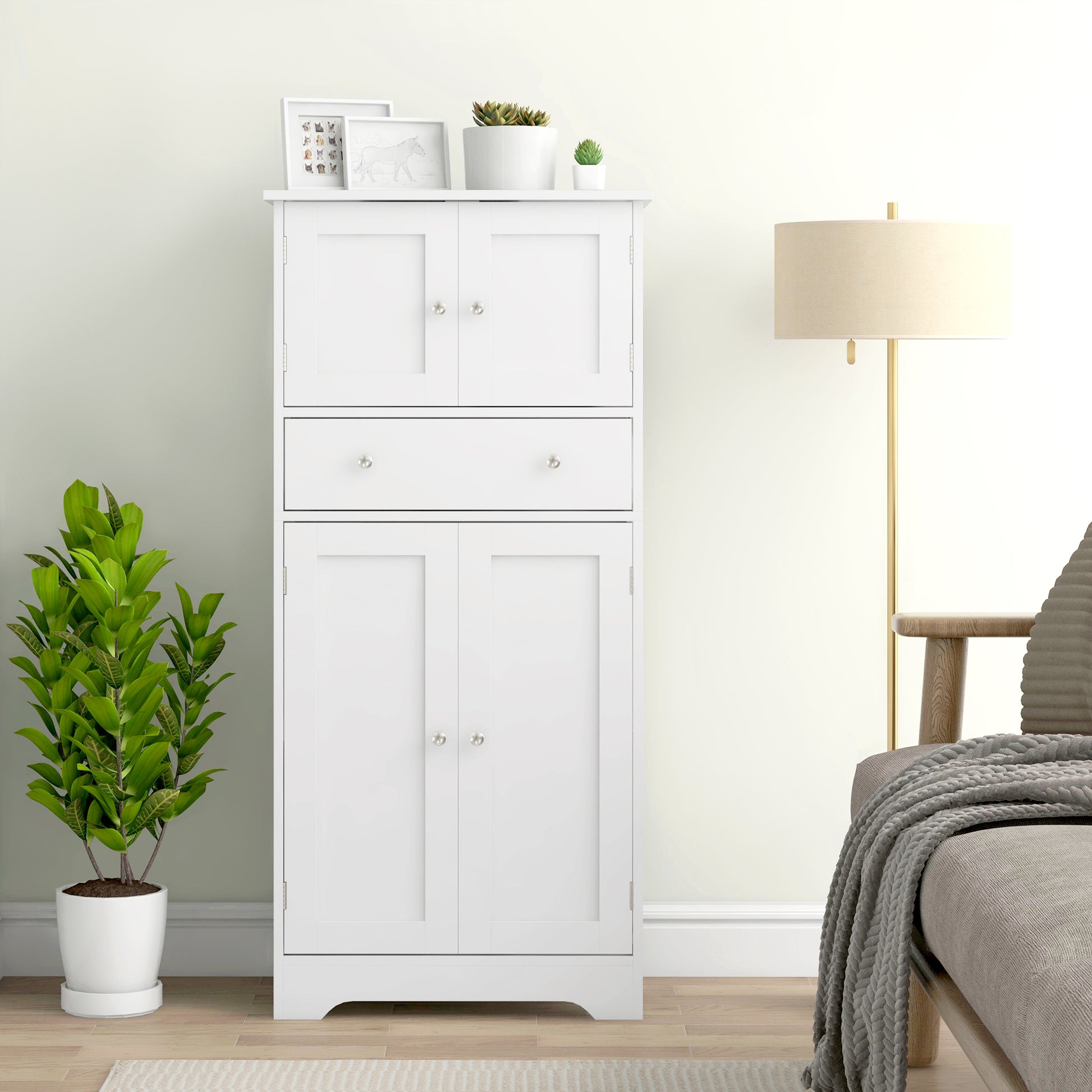 HOMCOM Modern Kitchen Cabinet 4‑Door With Drawer, Adjustable Shelf White