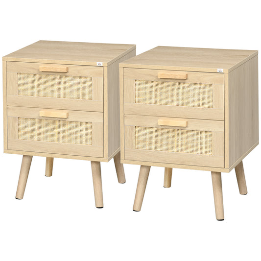 HOMCOM Boho Chic Nightstand Set of 2 with 2 Drawers, Living Bedroom Side Tables