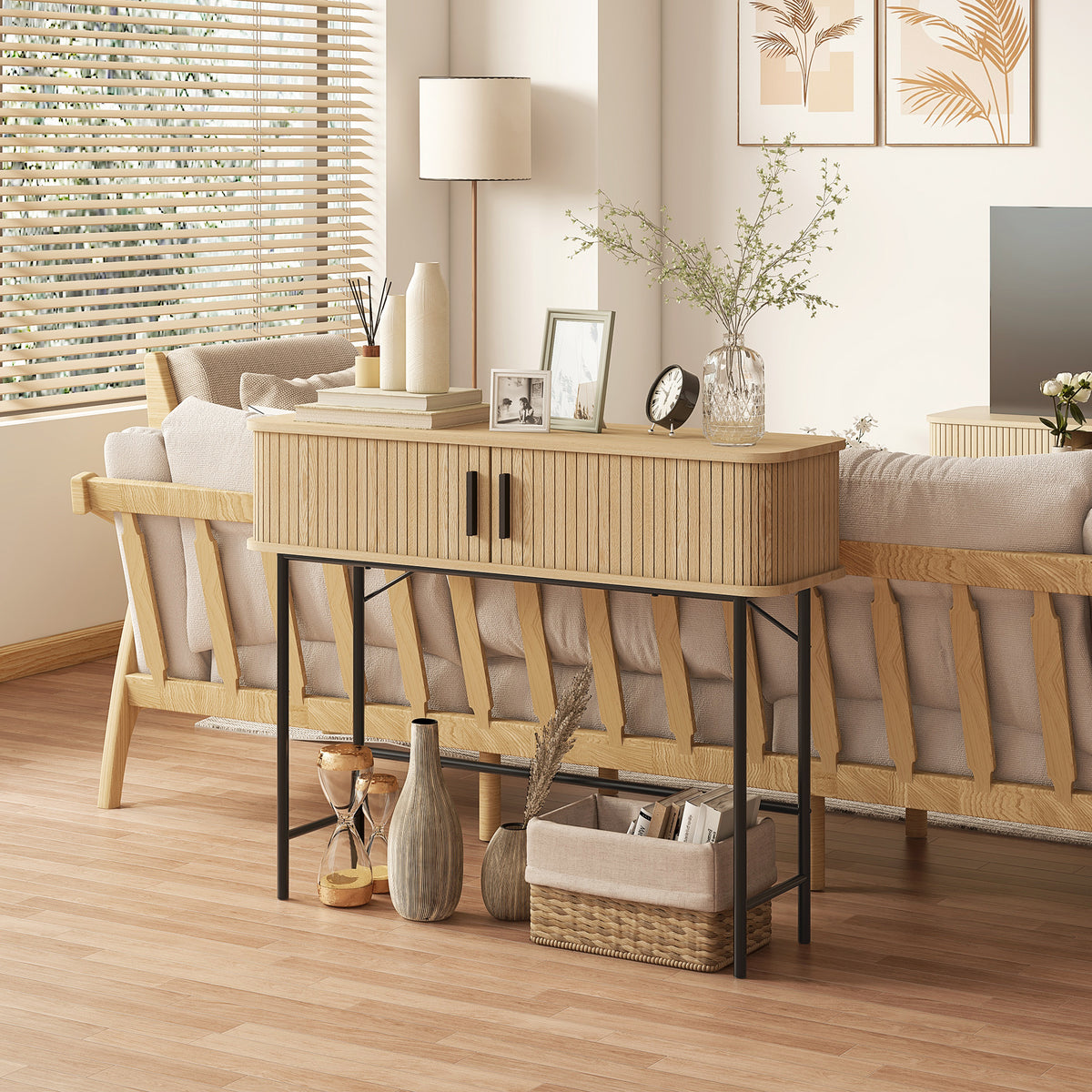 Mid-Century Entryway Console Table with Storage Compartments, Oak