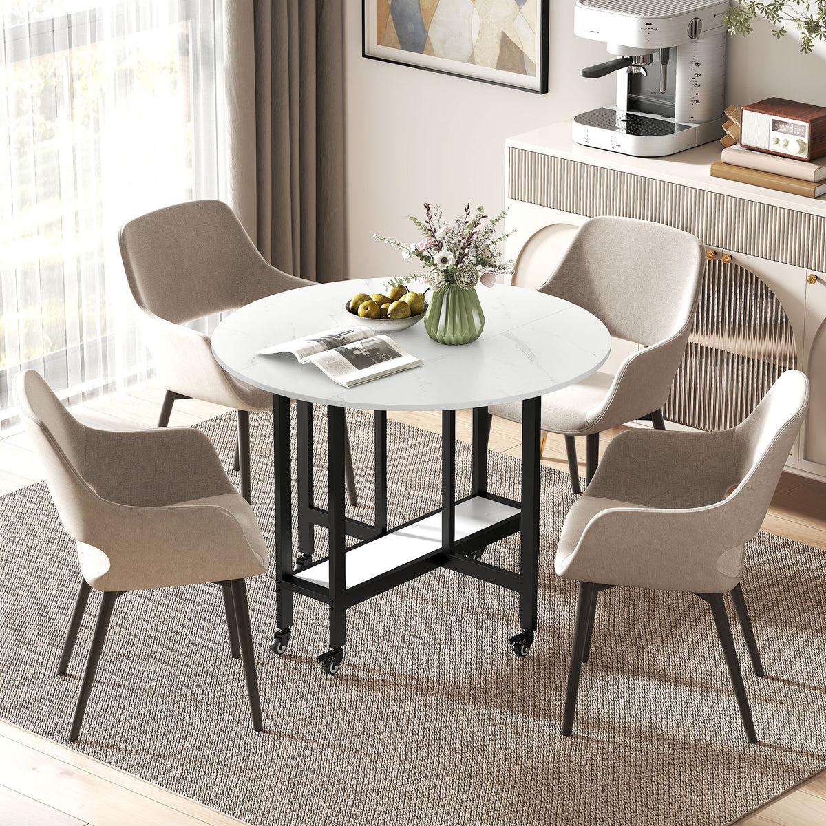 39" Round Folding Dining Table with Open Shelf and Lockable Wheels