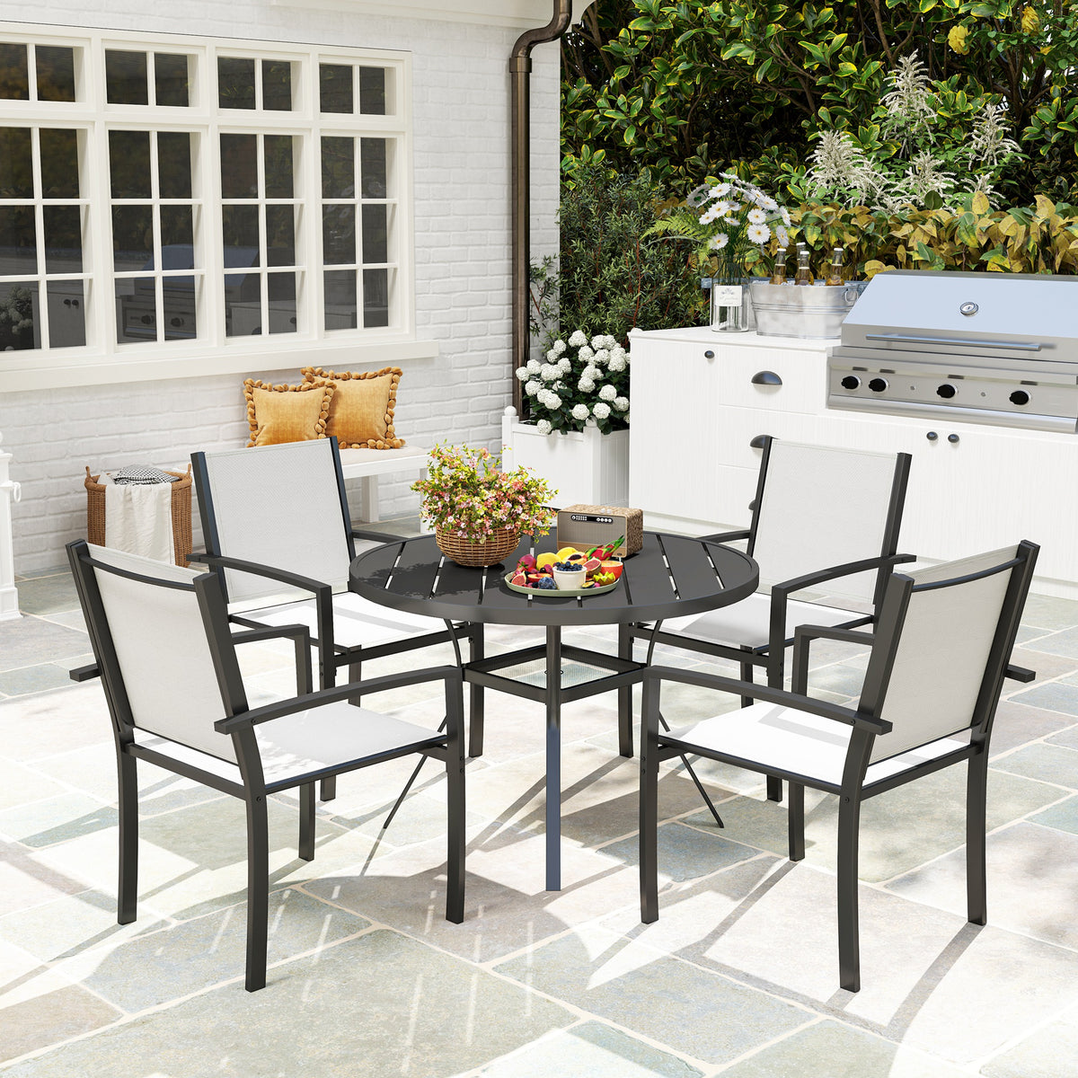 5 Piece Outdoor Dining Set with Round Table and 4 Stackable Chairs, for Backyard, Lawn, Deck, Balcony, Pool Side