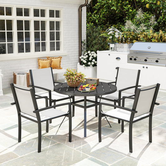 5 Piece Outdoor Dining Set with Round Table and 4 Stackable Chairs, for Backyard, Lawn, Deck, Balcony, Pool Side