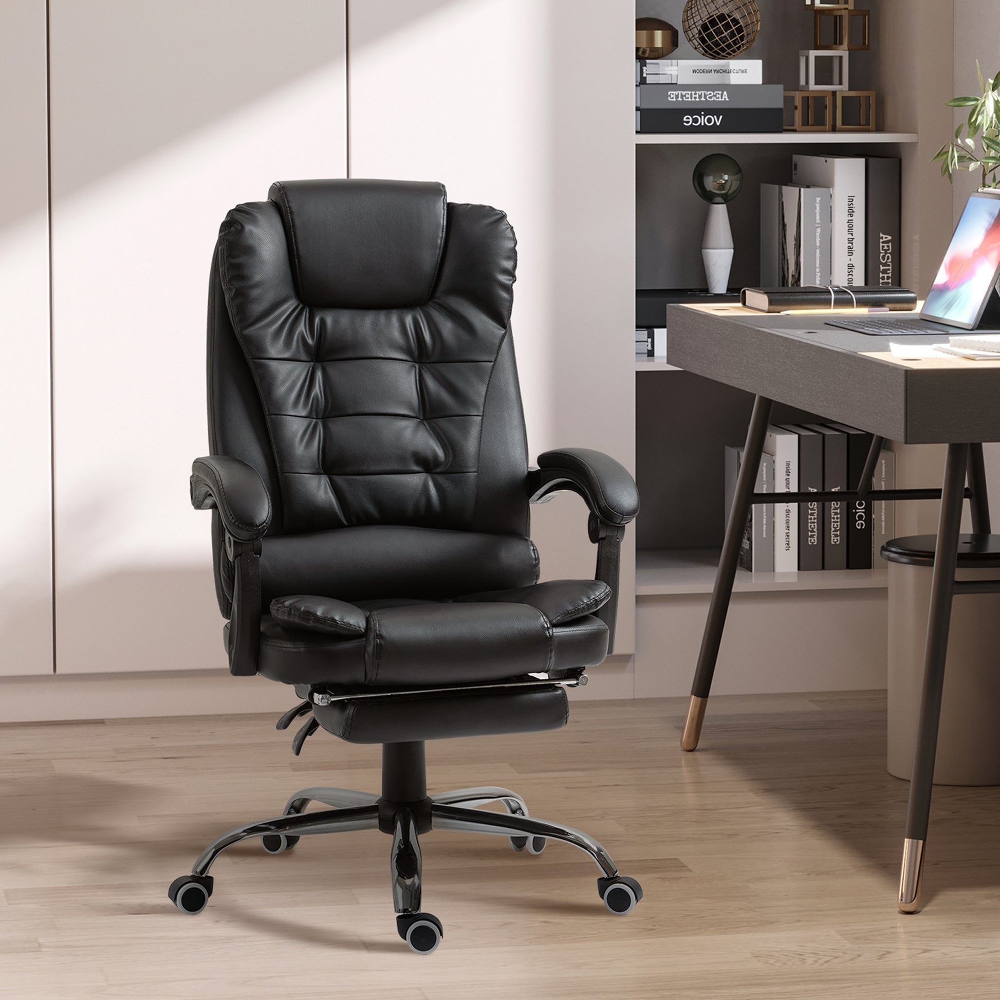 HOMCOM Ergonomic High-Back Executive Office Chair with Retractable Footrest, Black PU Leather
