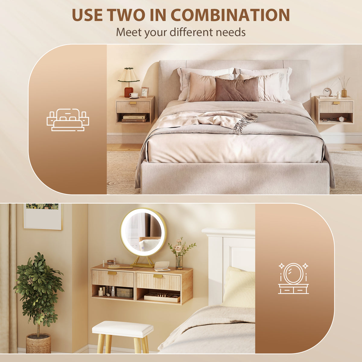 Floating Nightstands with Fluted Drawer, Set of 2 – 16"W x 10"H