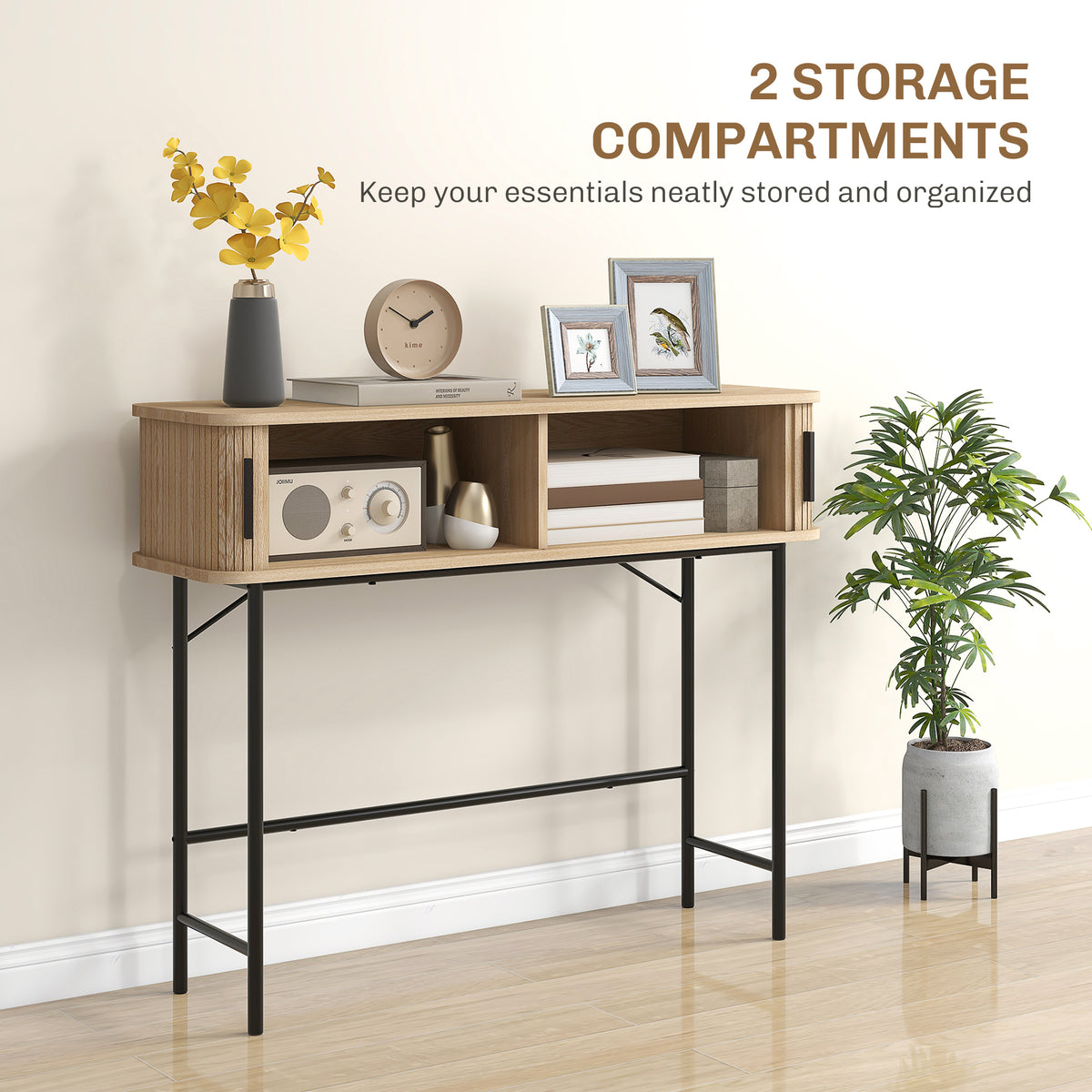 Mid-Century Entryway Console Table with Storage Compartments, Oak