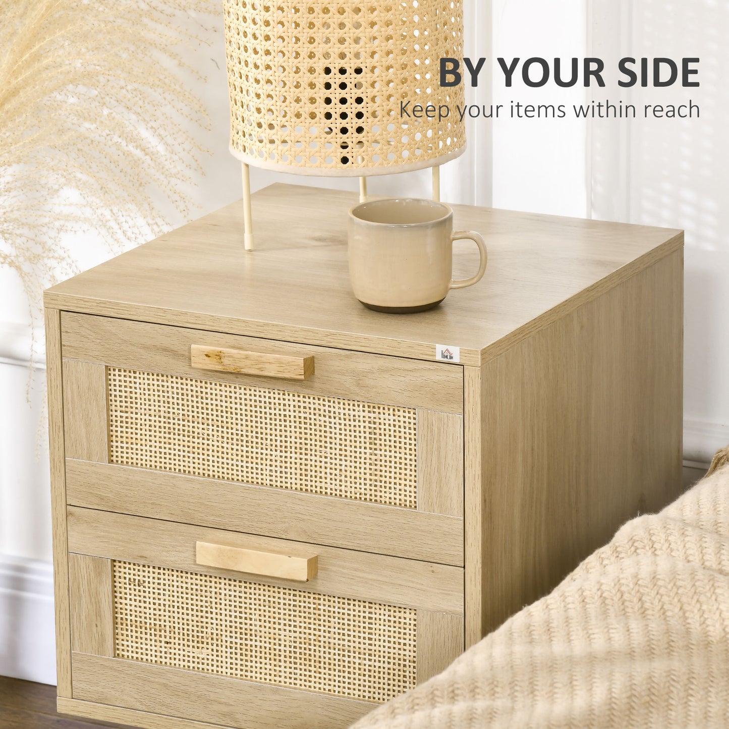 HOMCOM Boho Chic Nightstand Set of 2 with 2 Drawers, Living Bedroom Side Tables