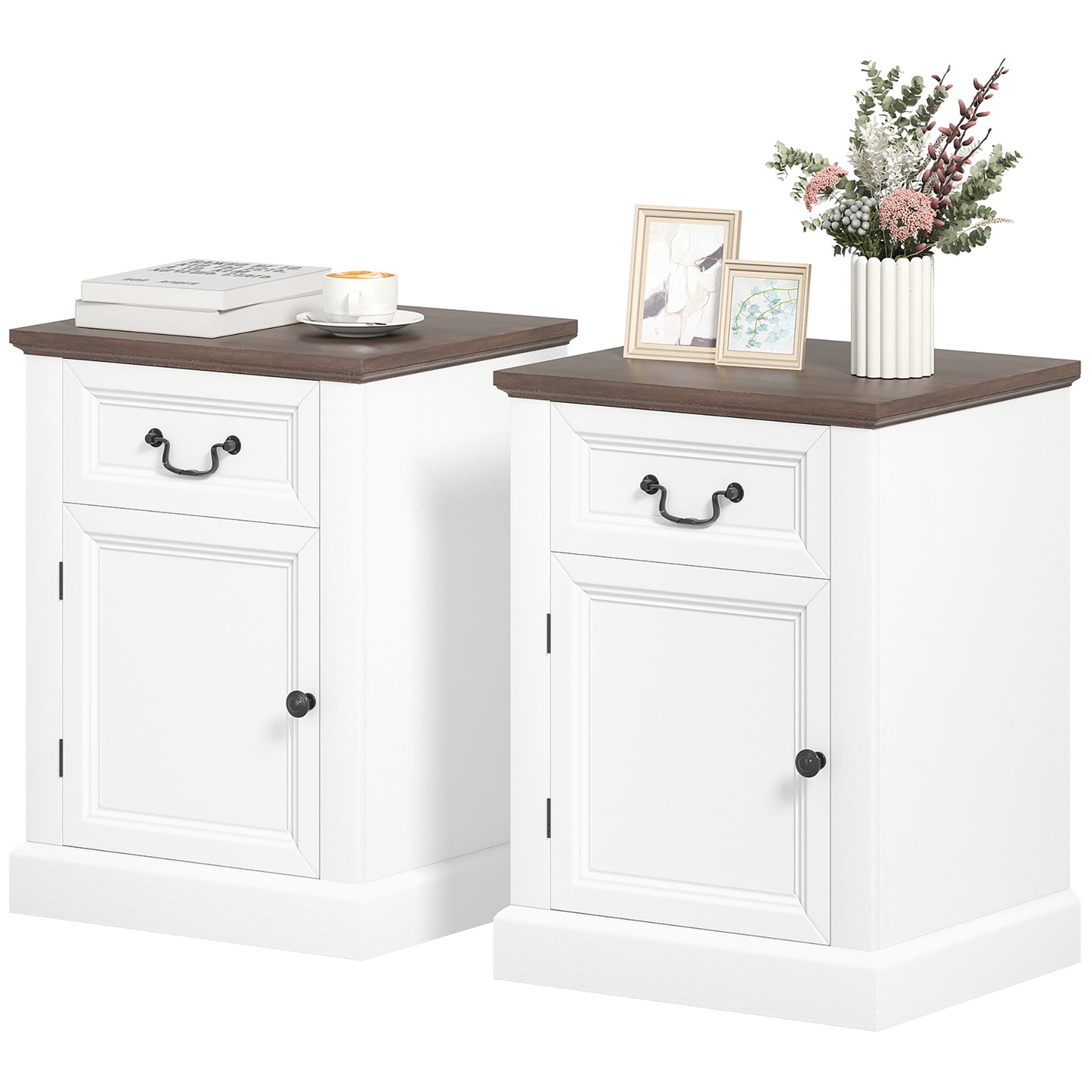 Set of 2 HOMCOM Farmhouse White Nightstands with Drawer and Cabinet