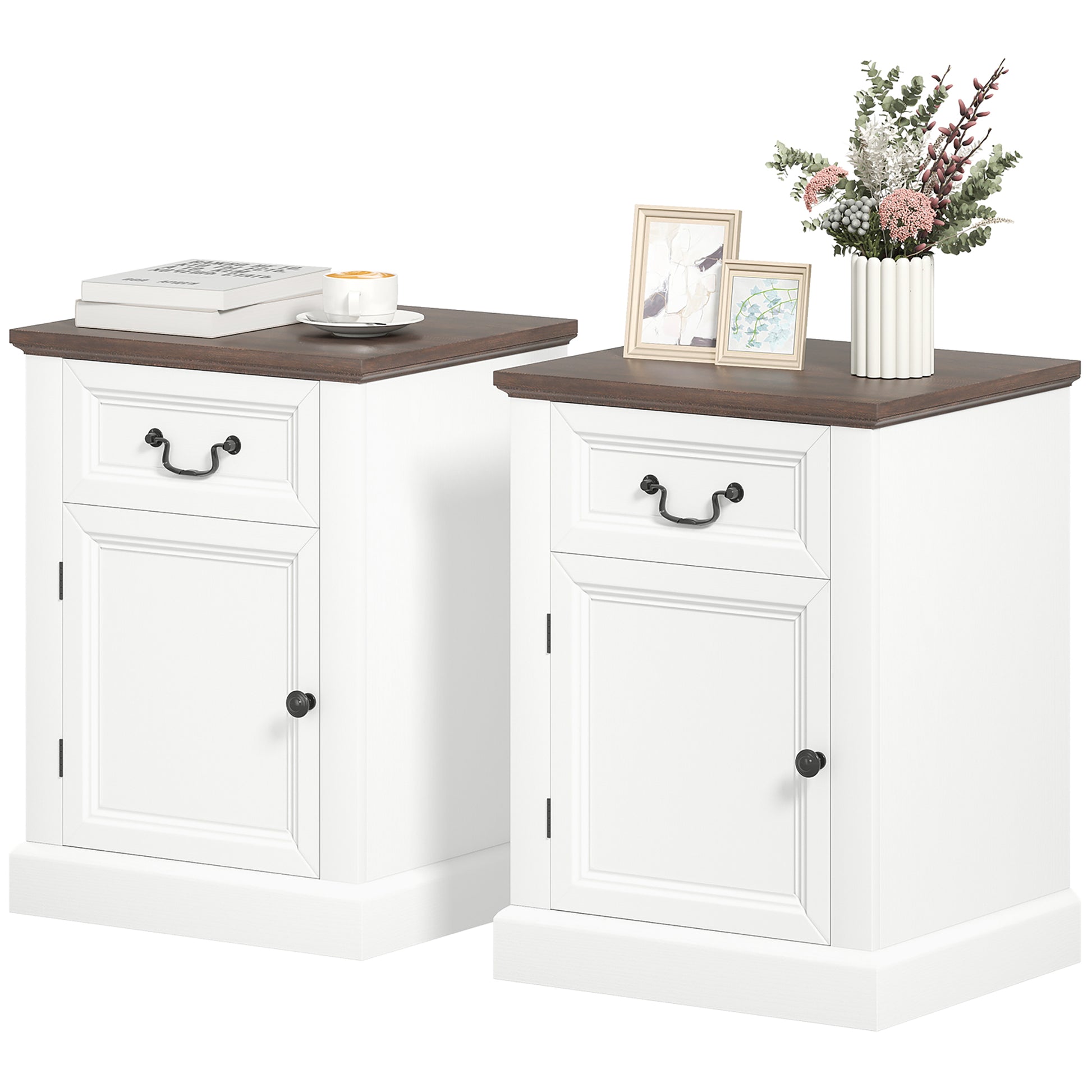 Set of 2 HOMCOM Farmhouse White Nightstands with Drawer and Cabinet