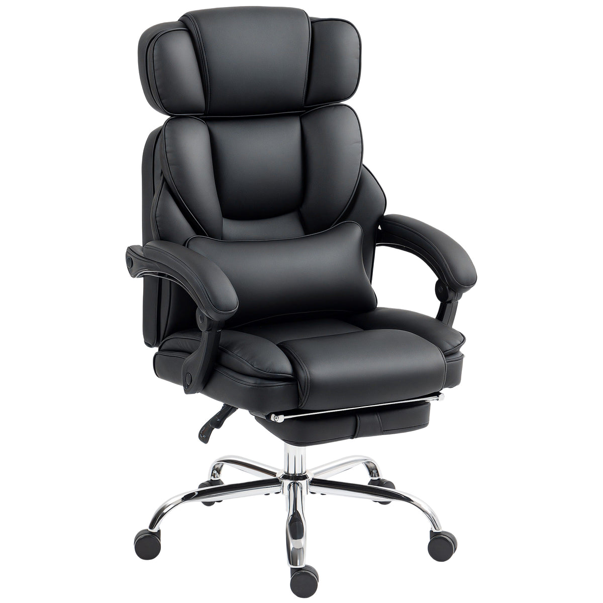 PU Leather Office Chair, Reclining Desk Chair with Footrest, Adjustable Headrest, Black