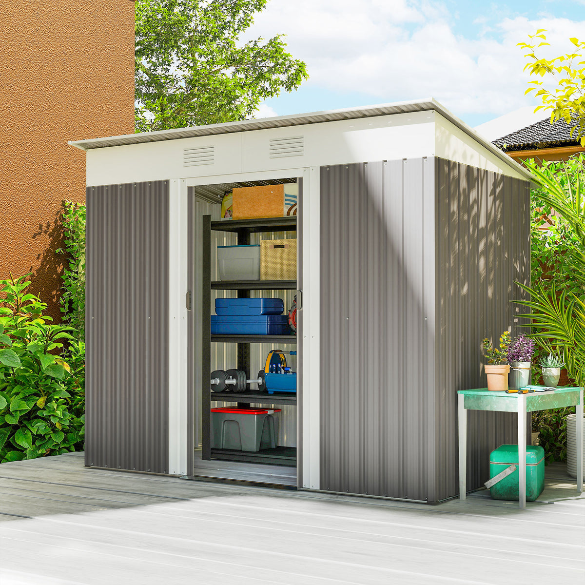 7' x 3.6' Outdoor Storage Shed, Metal Garden Tool Storage House Organizer with Lockable Sliding Doors and Vents for Backyard Patio Lawn – Light Grey