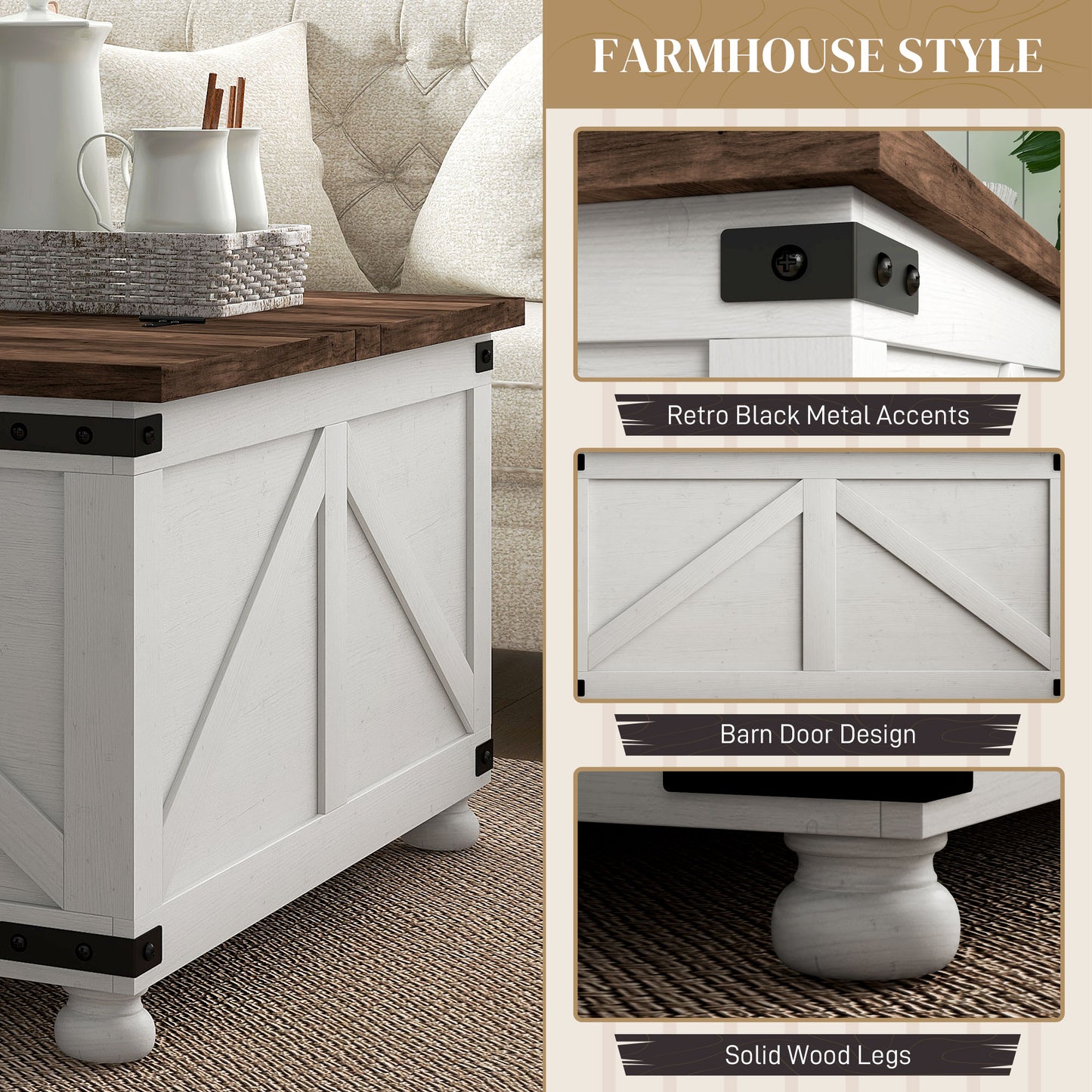 HOMCOM Coffee Table With Lift Top 32" Farmhouse Center Table, Antique White