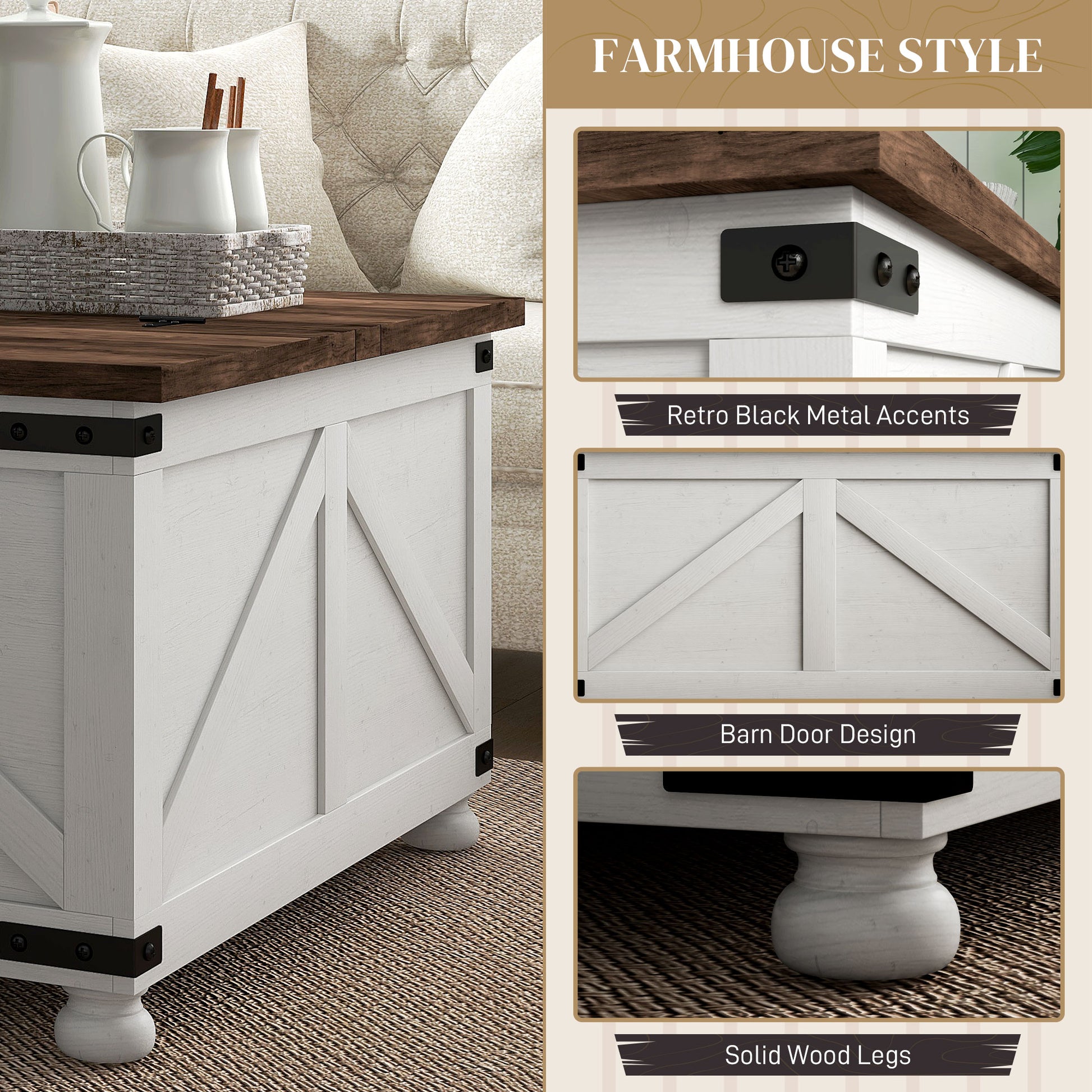 HOMCOM Coffee Table With Lift Top 32" Farmhouse Center Table, Antique White