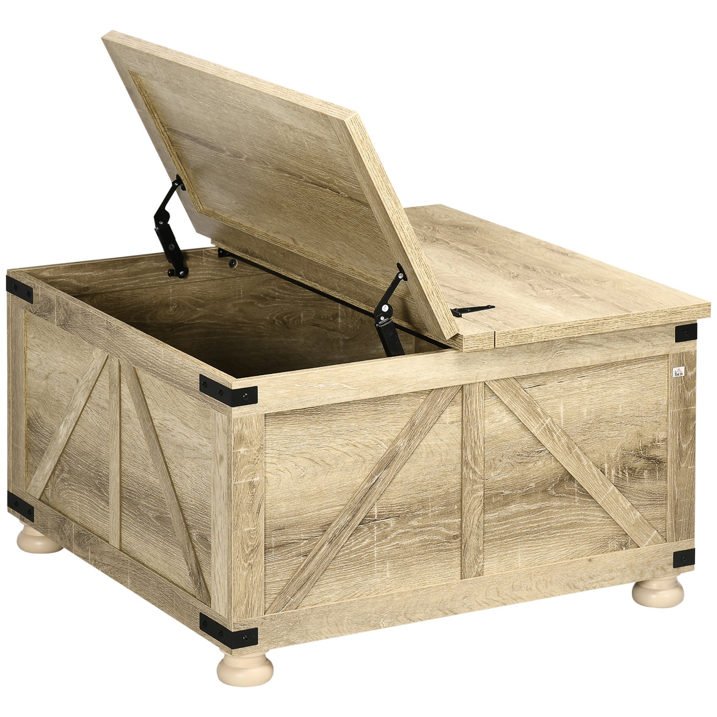 HOMCOM Farmhouse Square Coffee Table, Flip-Top Lids, Hidden Storage, Oak