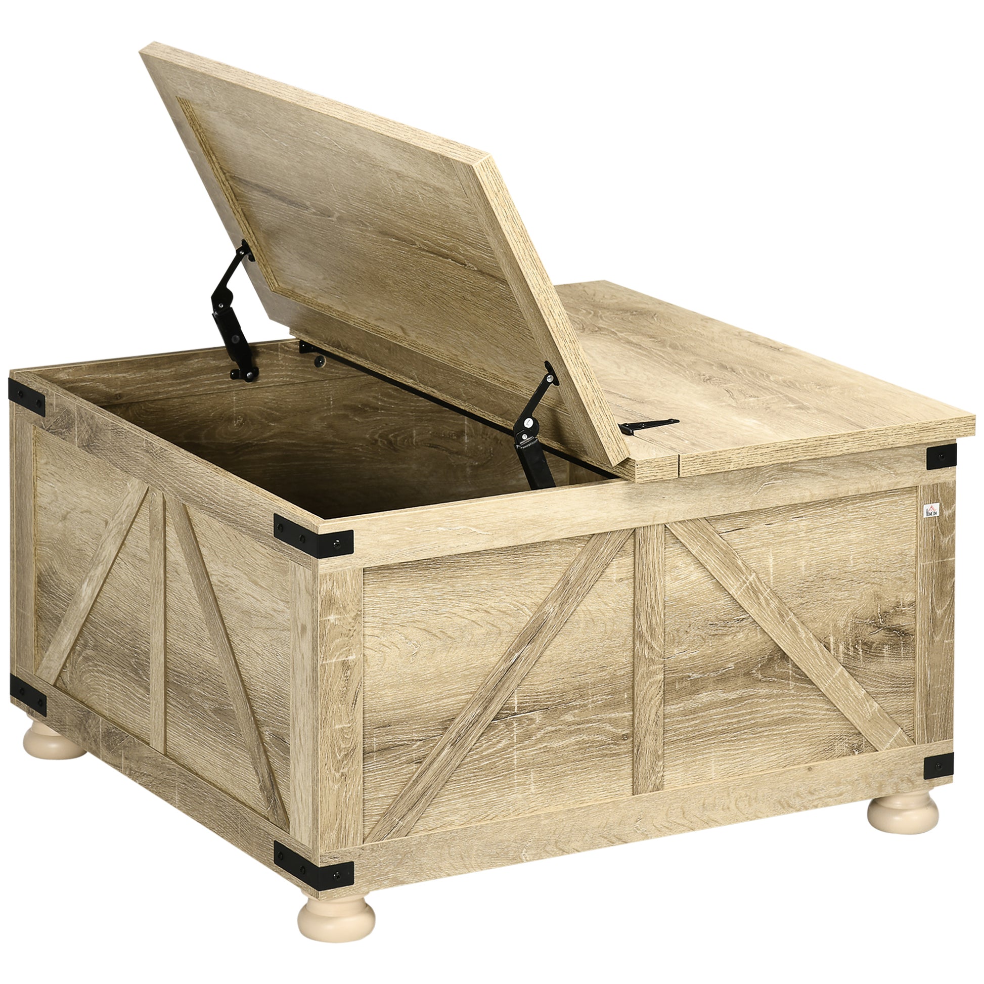 HOMCOM Farmhouse Square Coffee Table, Flip-Top Lids, Hidden Storage, Oak