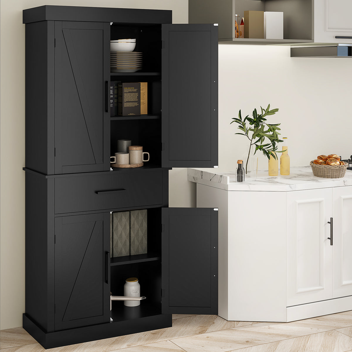 Farmhouse Kitchen Pantry Cabinet with 4 Barn Doors – 30"W x 72"H