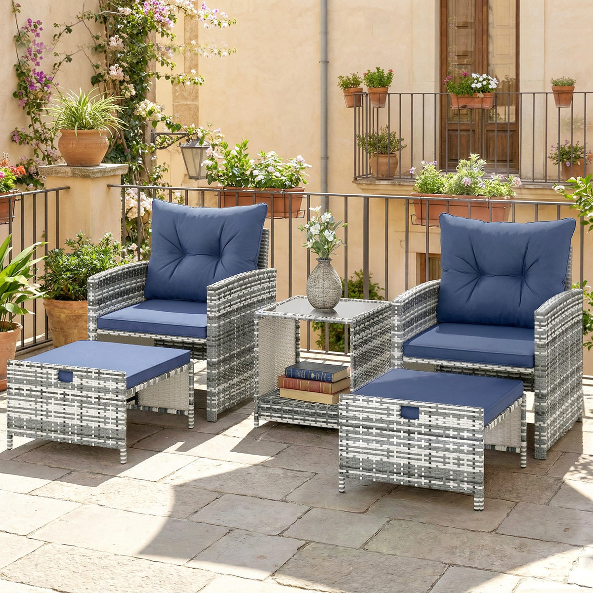 5 Piece Patio Furniture Set, Wicker Patio Chairs with Ottomans, 2-Tier Glass Coffee Table and Cushions, Grey/Dark – Blue