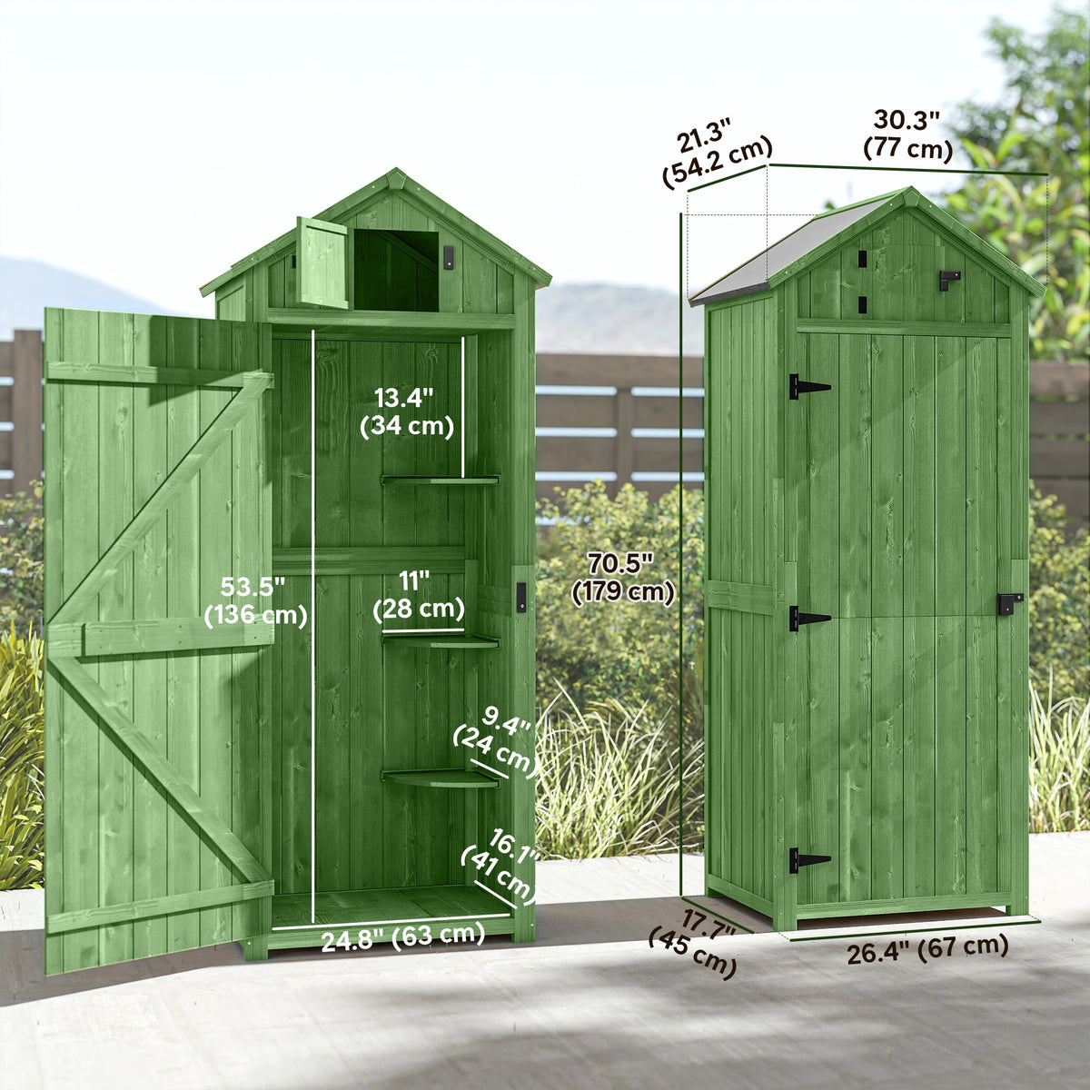 30" x 21" x 71" Garden Storage Shed, Outdoor Tool Utility Storage House with 3 Tier Shelves and Roof – Green