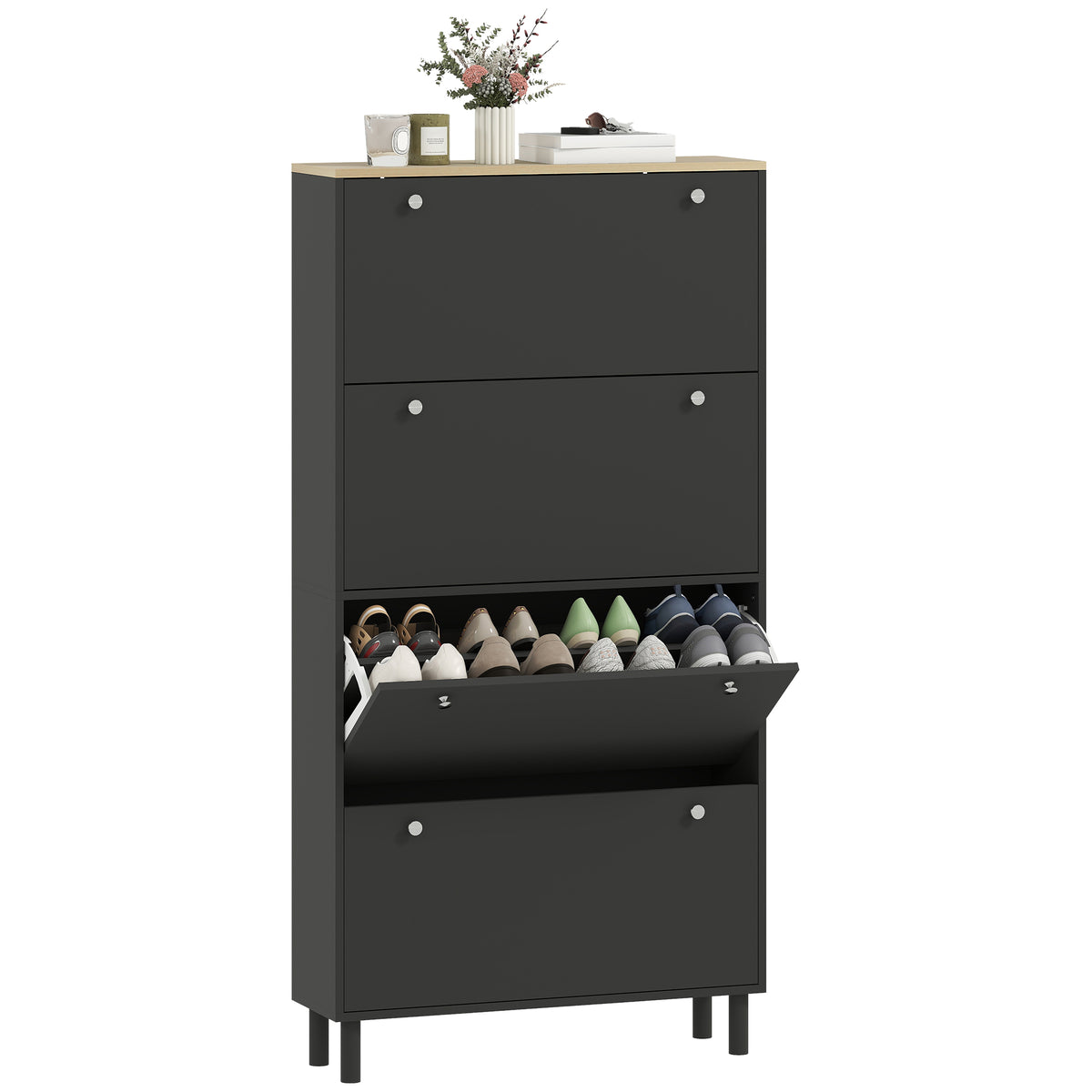 Narrow Shoe Cabinet with 4 Flip Drawers – 31"W x 62"H