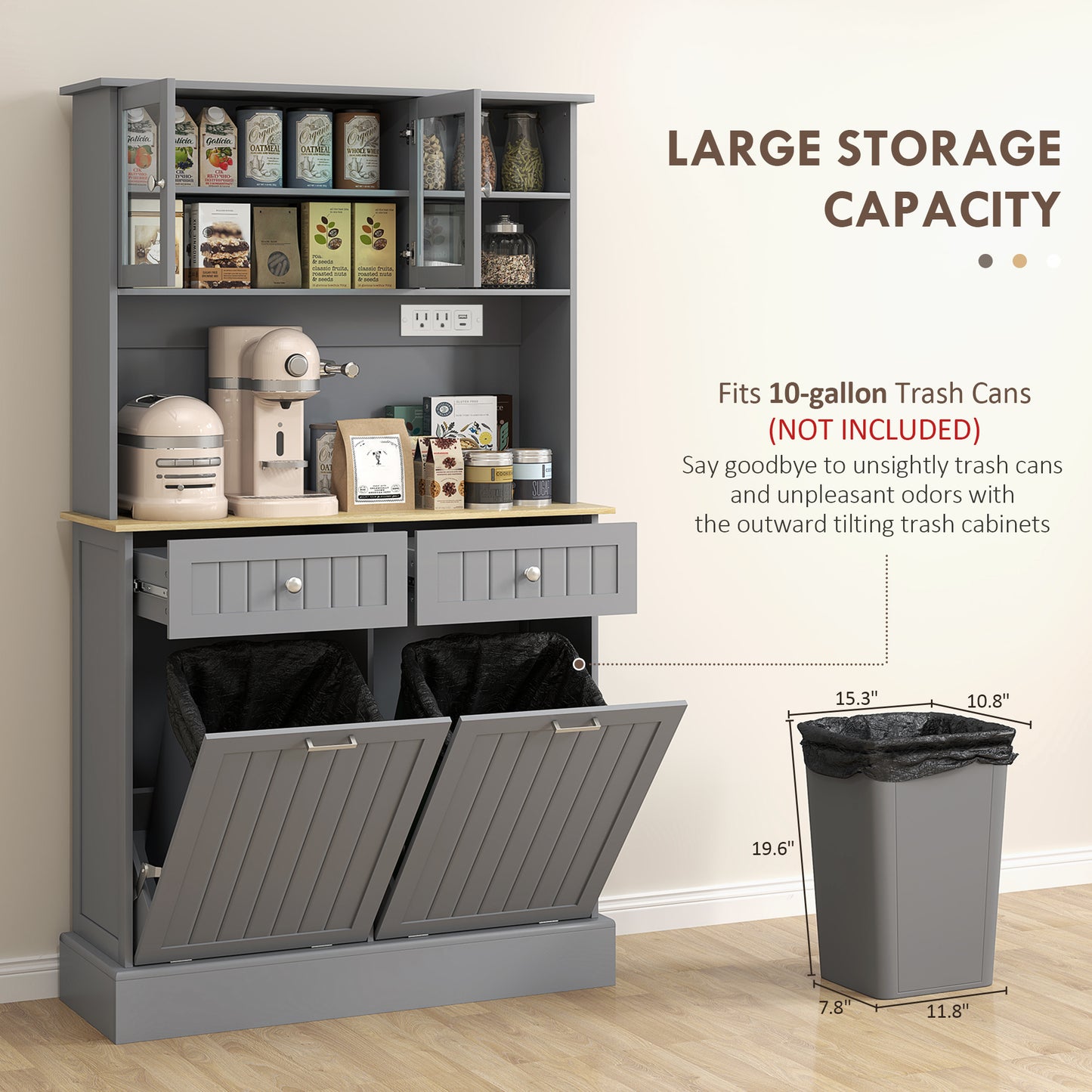 HOMCOM Kitchen Cabinet with Charging Station Freestanding Grey