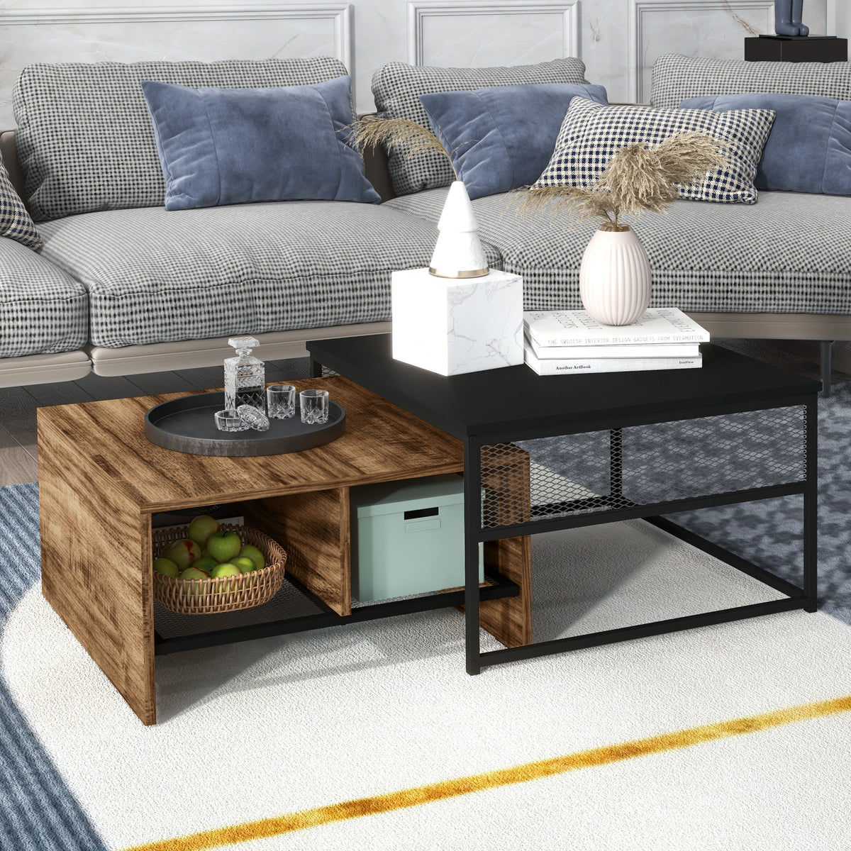 Industrial Nesting Coffee Table Set of 2 with Mesh Shelves, Rustic Brown