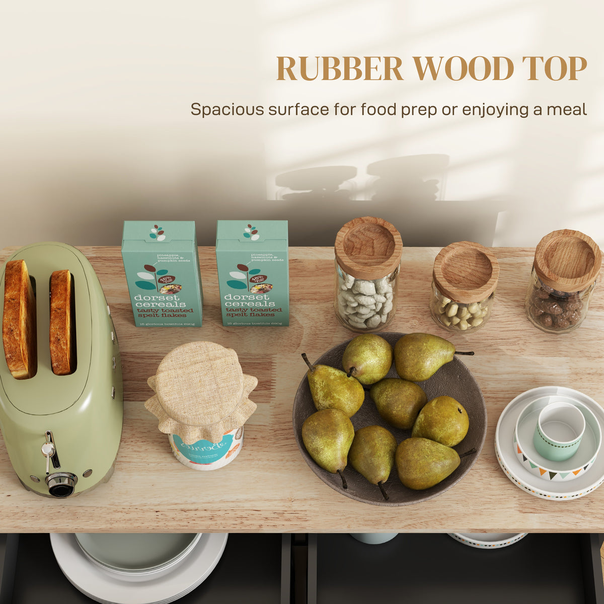Kitchen Island on Wheels with Rubberwood Top – 44"W x 36"H