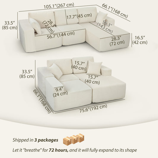 2-in-1 Modular L-Shaped Sofa Bed – Cream White