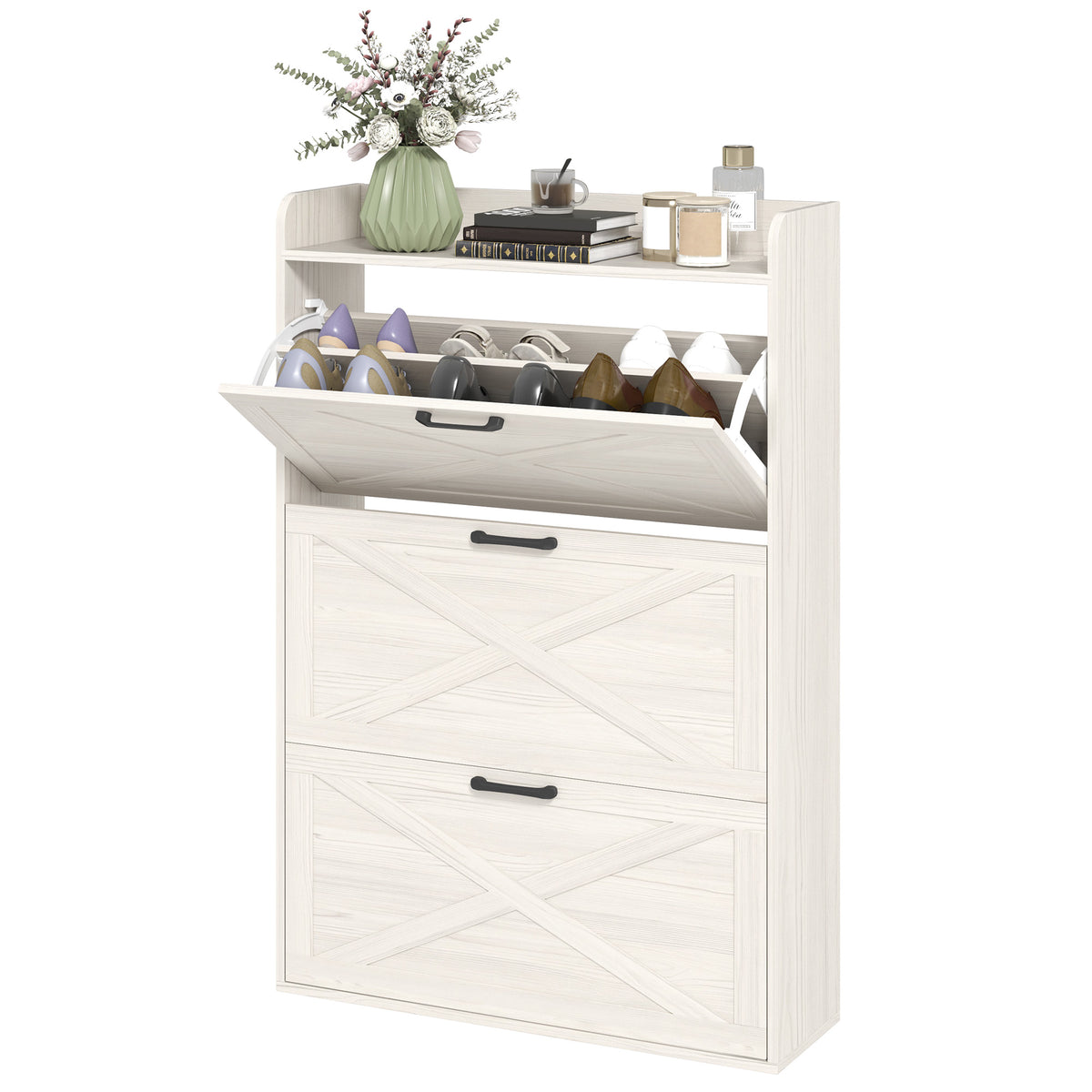 Farmhouse Shoe Cabinet with 3 Flip Drawers – 31"W x 49"H