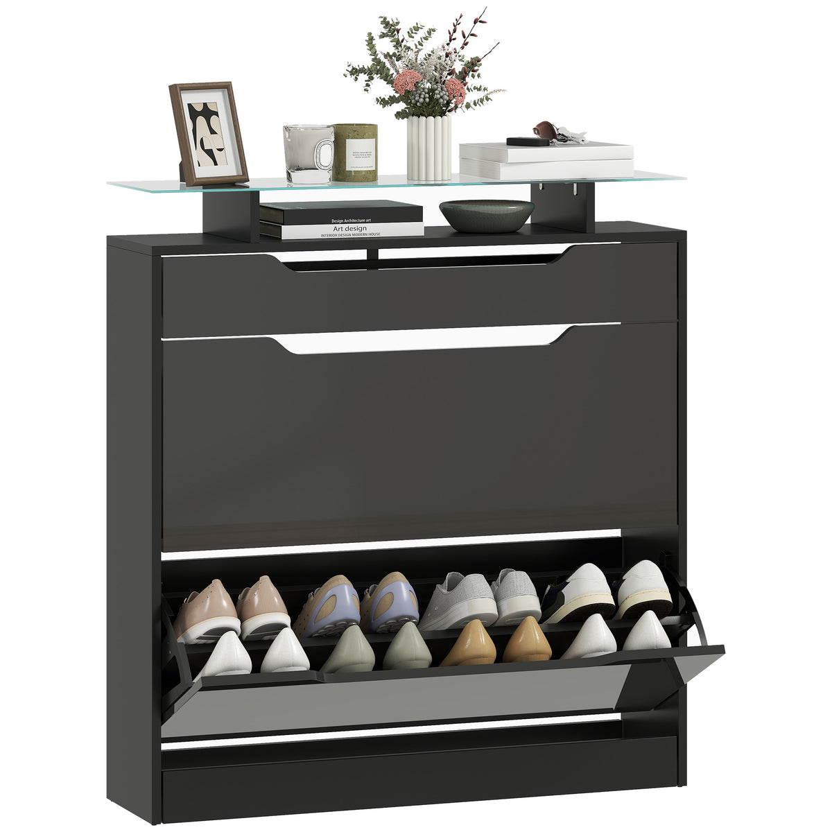 High Gloss Shoe Cabinet with 2 Flip Drawers – 35"W x 38"H