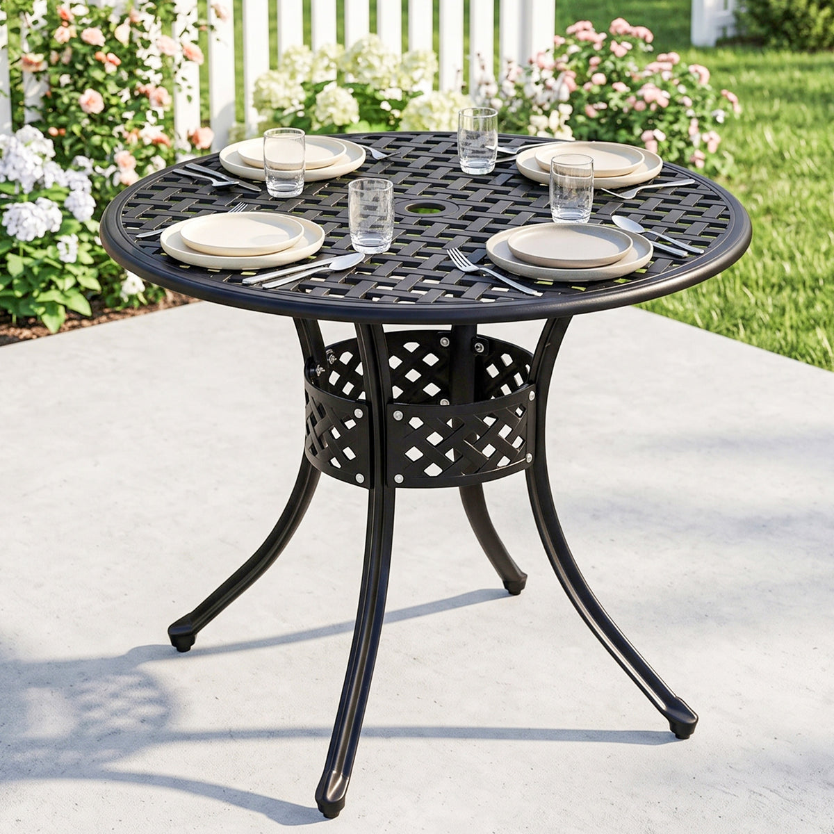 33-Inch Roud Patio Dining Table with Umbrella Hole, Cast Aluminum Garden Table, All Weather Patio Bisto Table, for Lawn, Garden, Outside