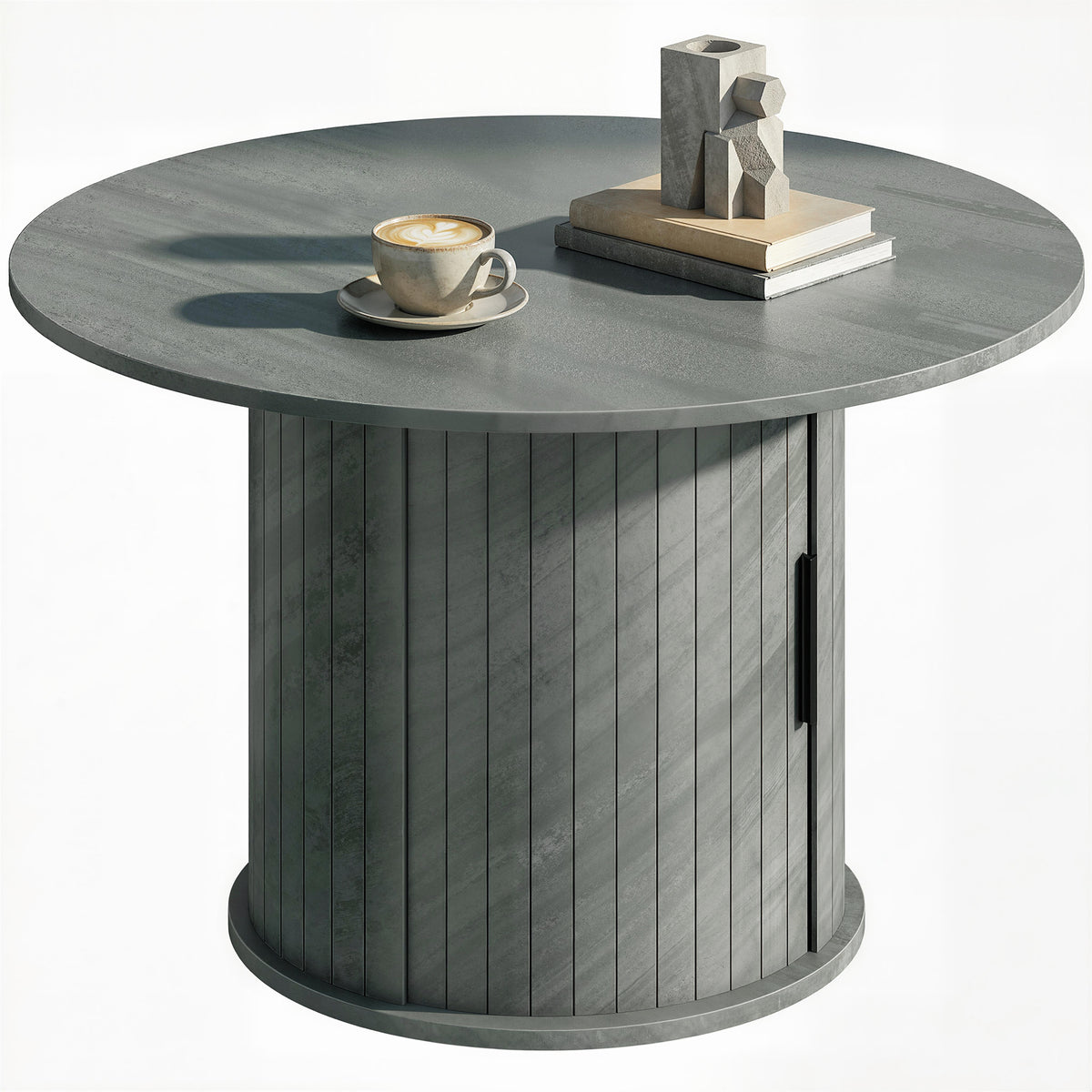 31.5" Round Coffee Table with Slatted Storage Pedestal, Cement Grey