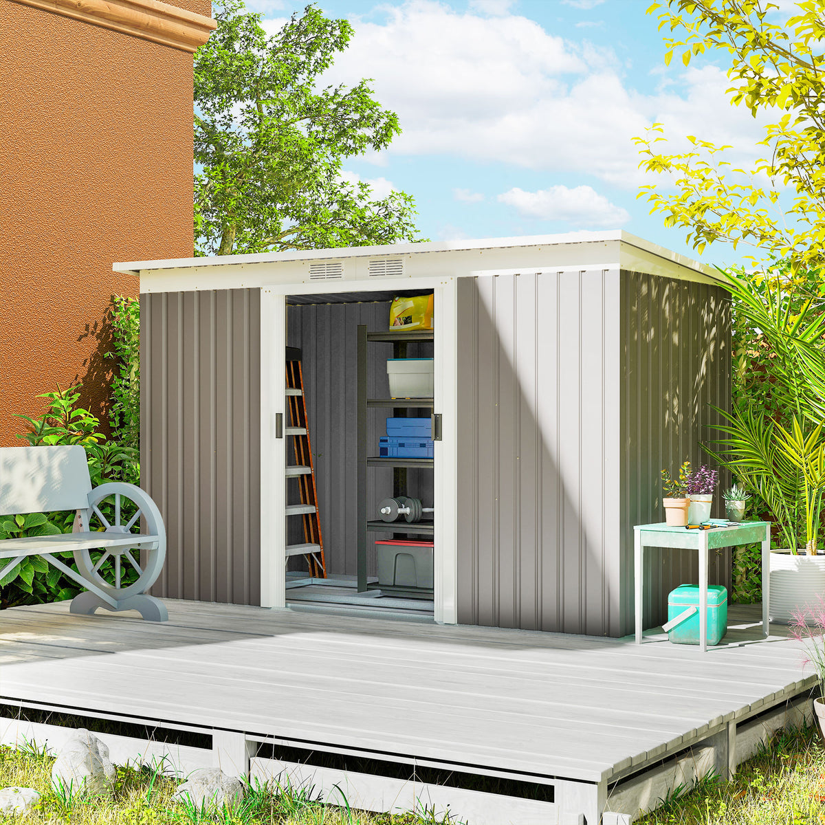 9' x 4' Garden Metal Storage Shed Outdoor Equipment Tool Box with Foundation Kit, Ventilation & Doors – Light Grey