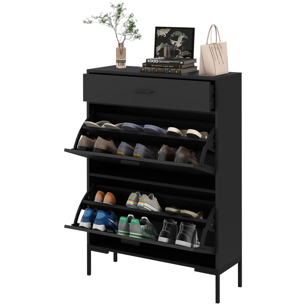 Modern Shoe Cabinet with 2 Flip Doors and Drawer – 30"W x 43"H